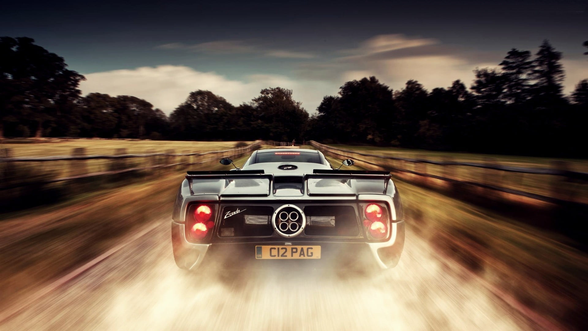 transportation, gray, tree, Pagani, no people, speed, travel, car, vehicle, Pagani Zonda, land vehicle, cloud - sky, motion blur, motion, motor vehicle, HD Wallpaper