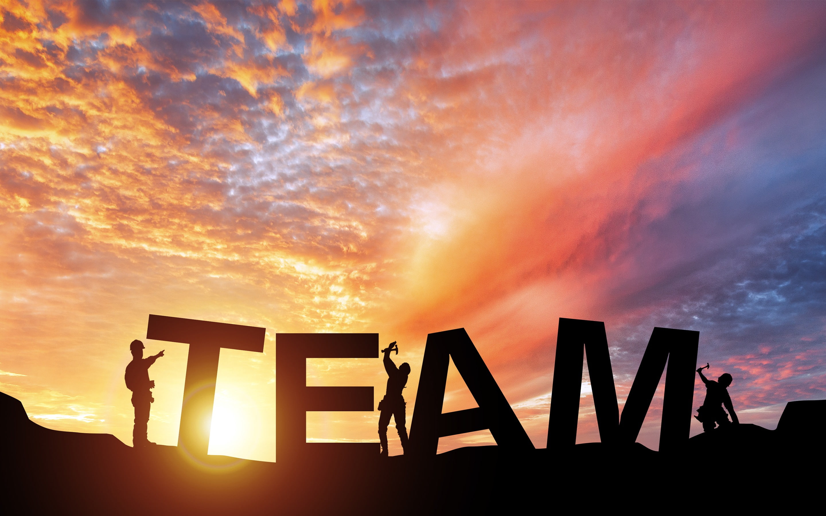 teamwork, sky, poster, sun, leisure activity, two people, built structure, cloud - sky, creative, real people, togetherness, silhouette, standing, sunlight, HD Wallpaper
