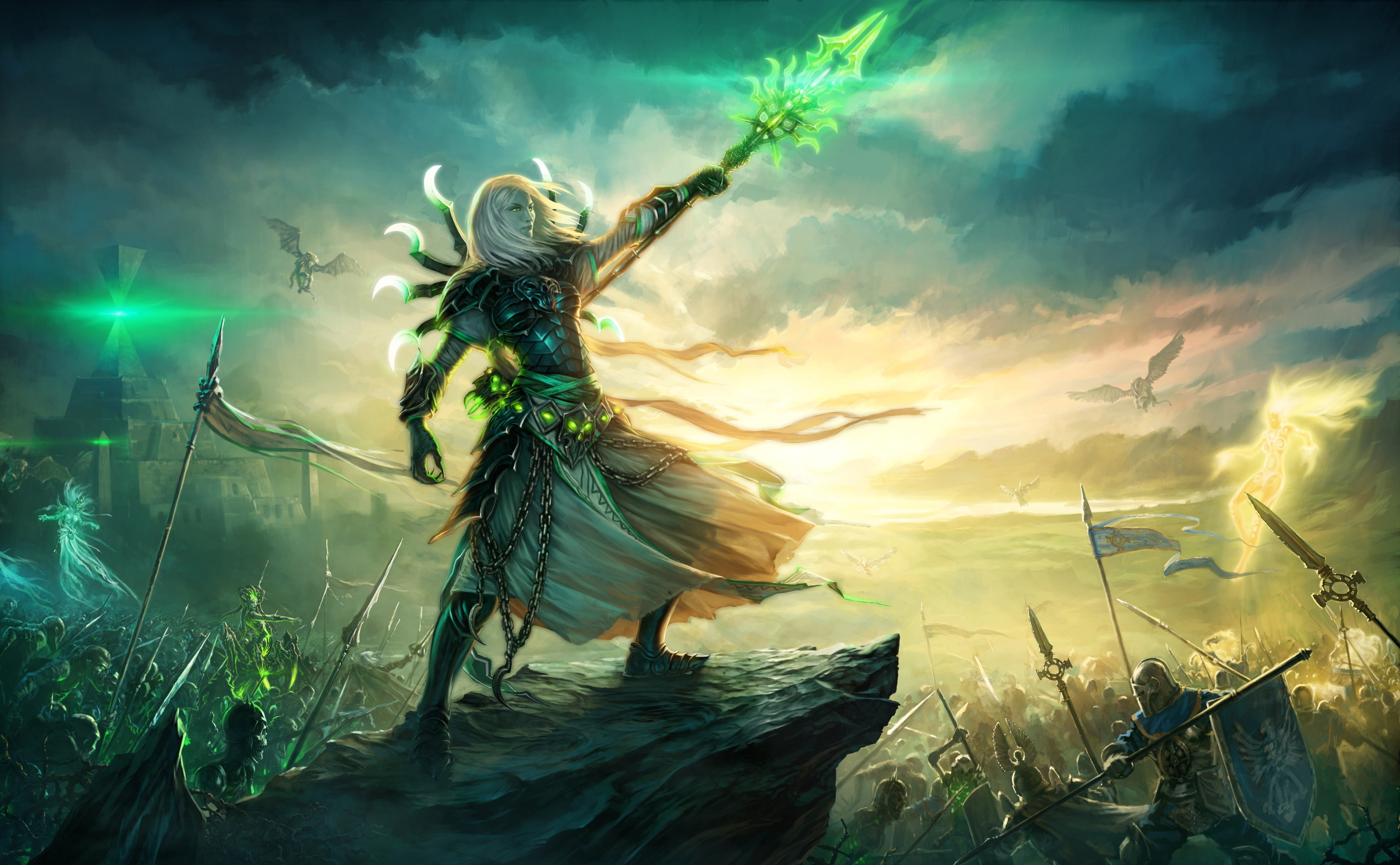 beauty in nature, Games, costume, adult, sky, full length, hand raised, sea, cloud - sky, human arm, sword, women, Heroes, human limb, sunset, HD Wallpaper