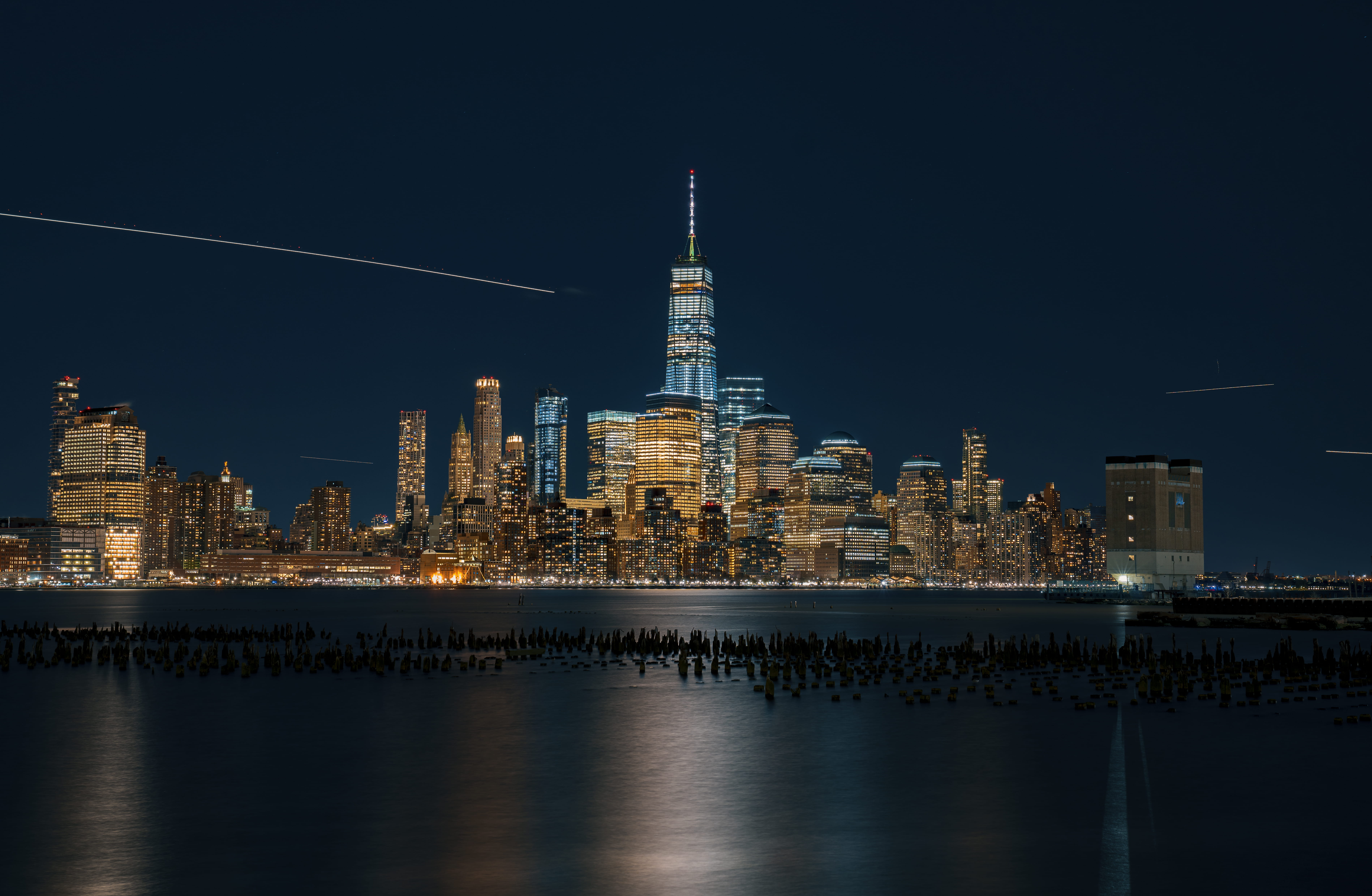 long exposure, dark, hudson, outdoors, night, nyc, time, architecture, lighted, buildings, river, trail, color, world trade center, tower, lapse, rocks, HD Wallpaper
