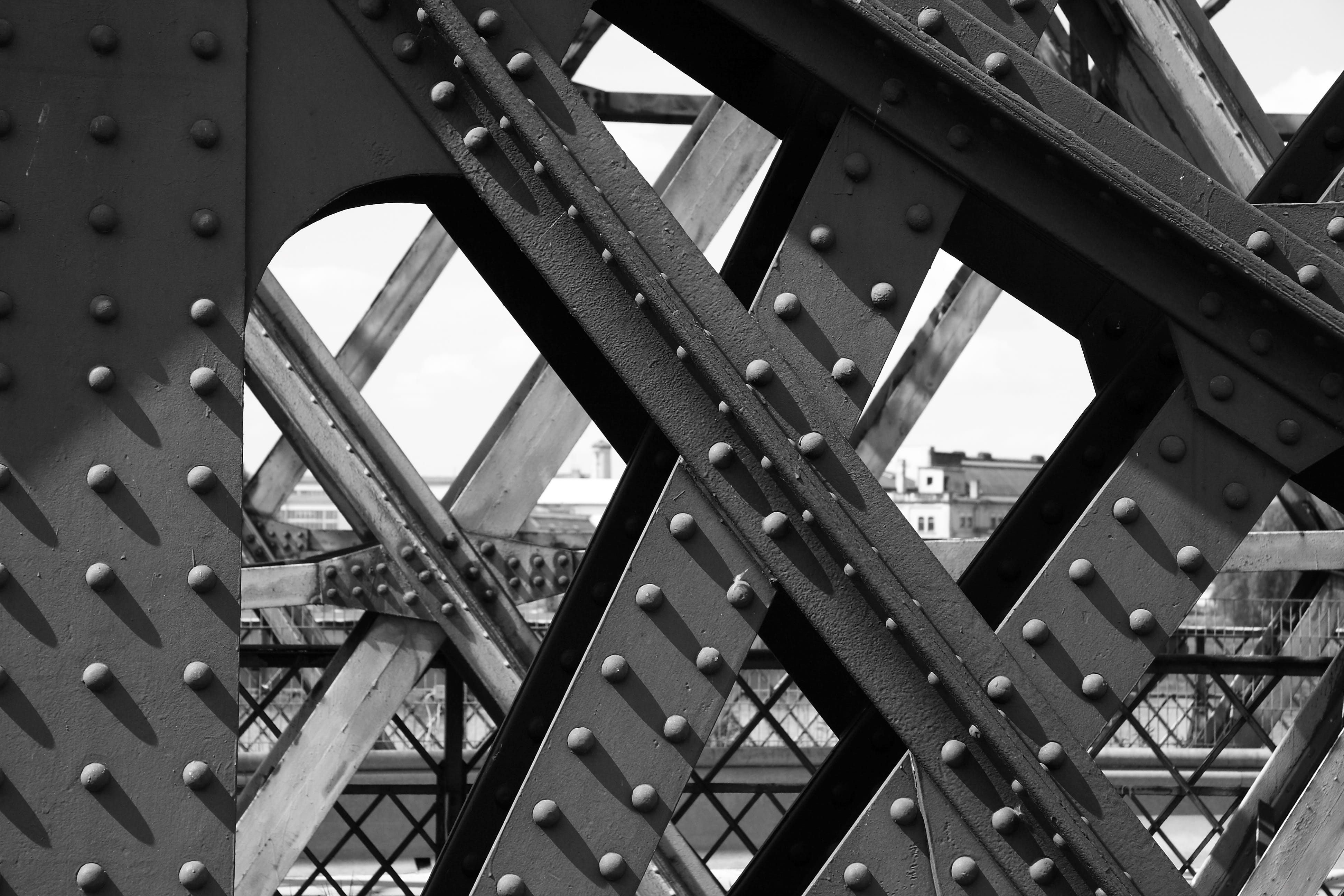 full frame, backgrounds, detail, outdoors, focus on foreground, construction element, steel, metal frame, close-up, railing, industry, alloy, metal, 4K, HD Wallpaper