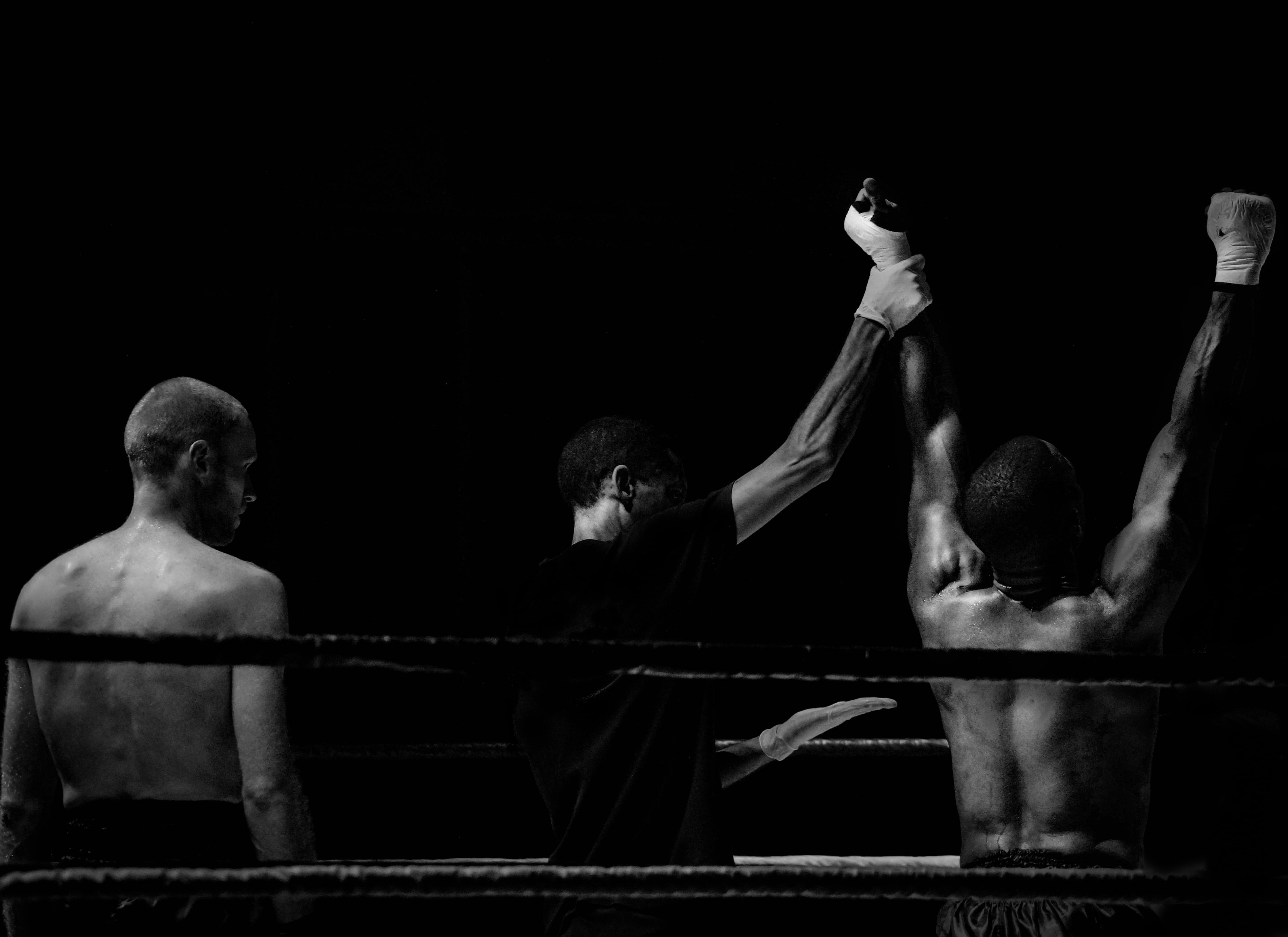 muscular build, boxer, fighters, fighter, real people, copy space, men, behind, 4K, kickboxing, shirtless, emotion, champion, raising, win, human arm, HD Wallpaper