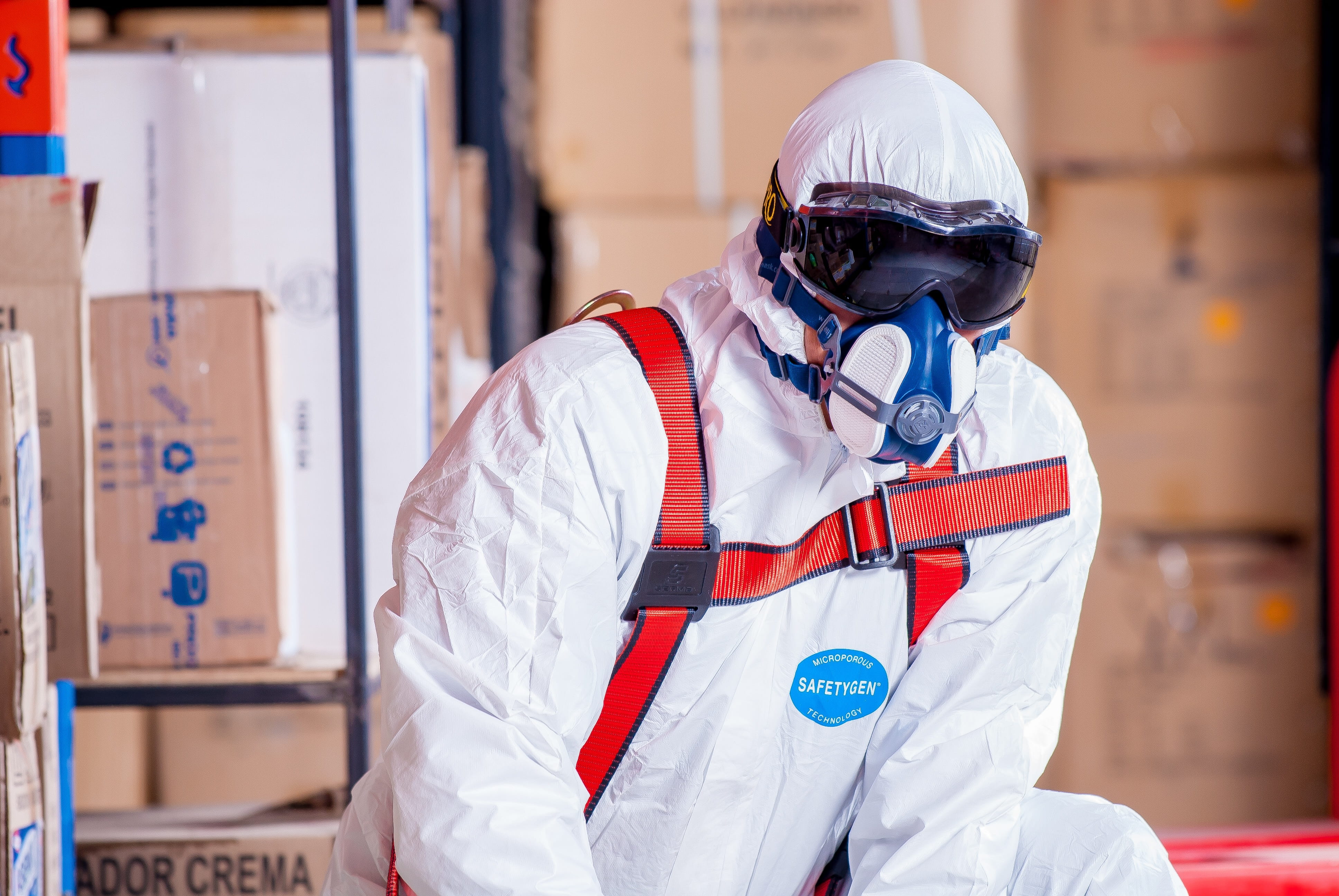 adults only, cardboard boxes, uniform, 4K, chemist, costume, waist up, supervisor, protective workwear, man, work clothes, white, industry, cardboard, HD Wallpaper