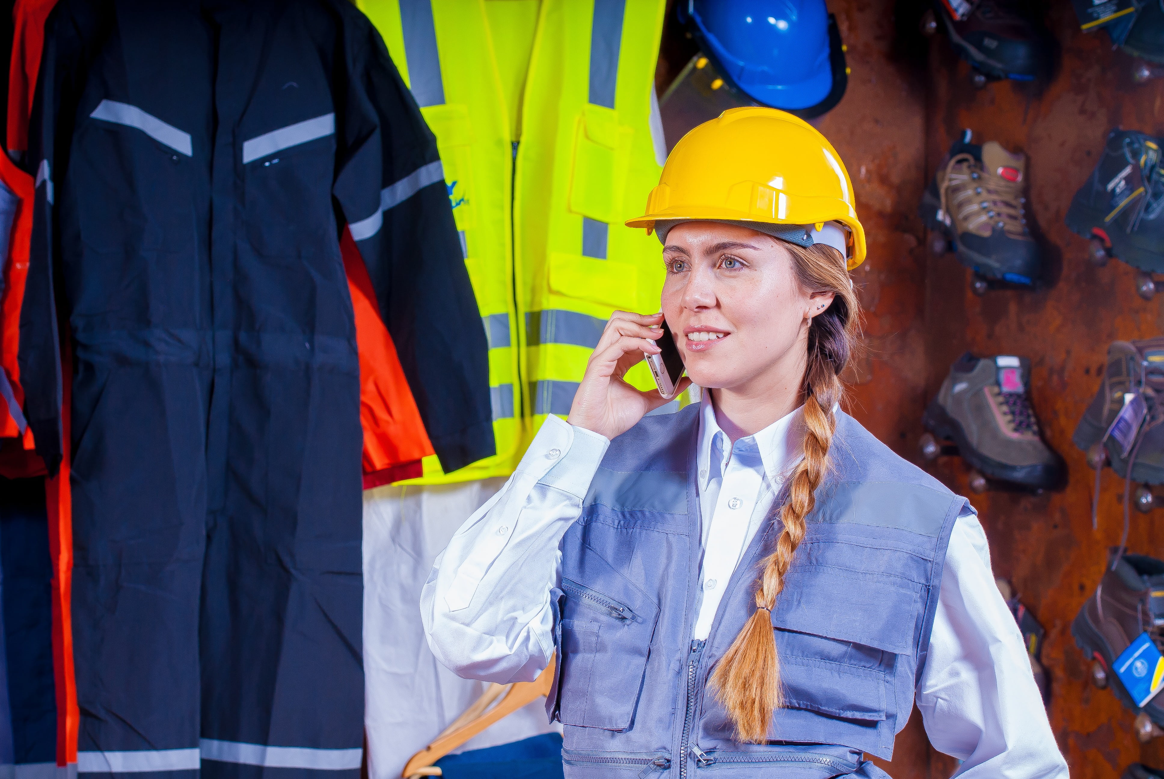 personal protection, front view, yellow, logistic, young women, supervisor, engineer, caucasian Ethnicity, business, face, working, mobile phone, safety, HD Wallpaper