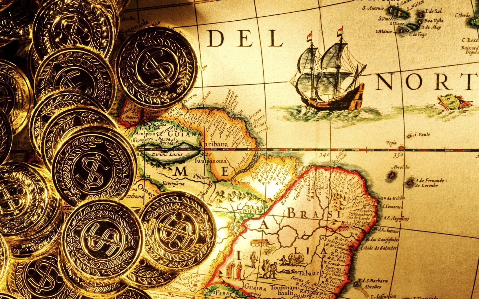 1080P, ships, direction, ocean, pirate, money, shine, color, coins, maps, sea, ingots, dollars, sail, islands, bullion, degrees, world, fantasy, land, HD Wallpaper