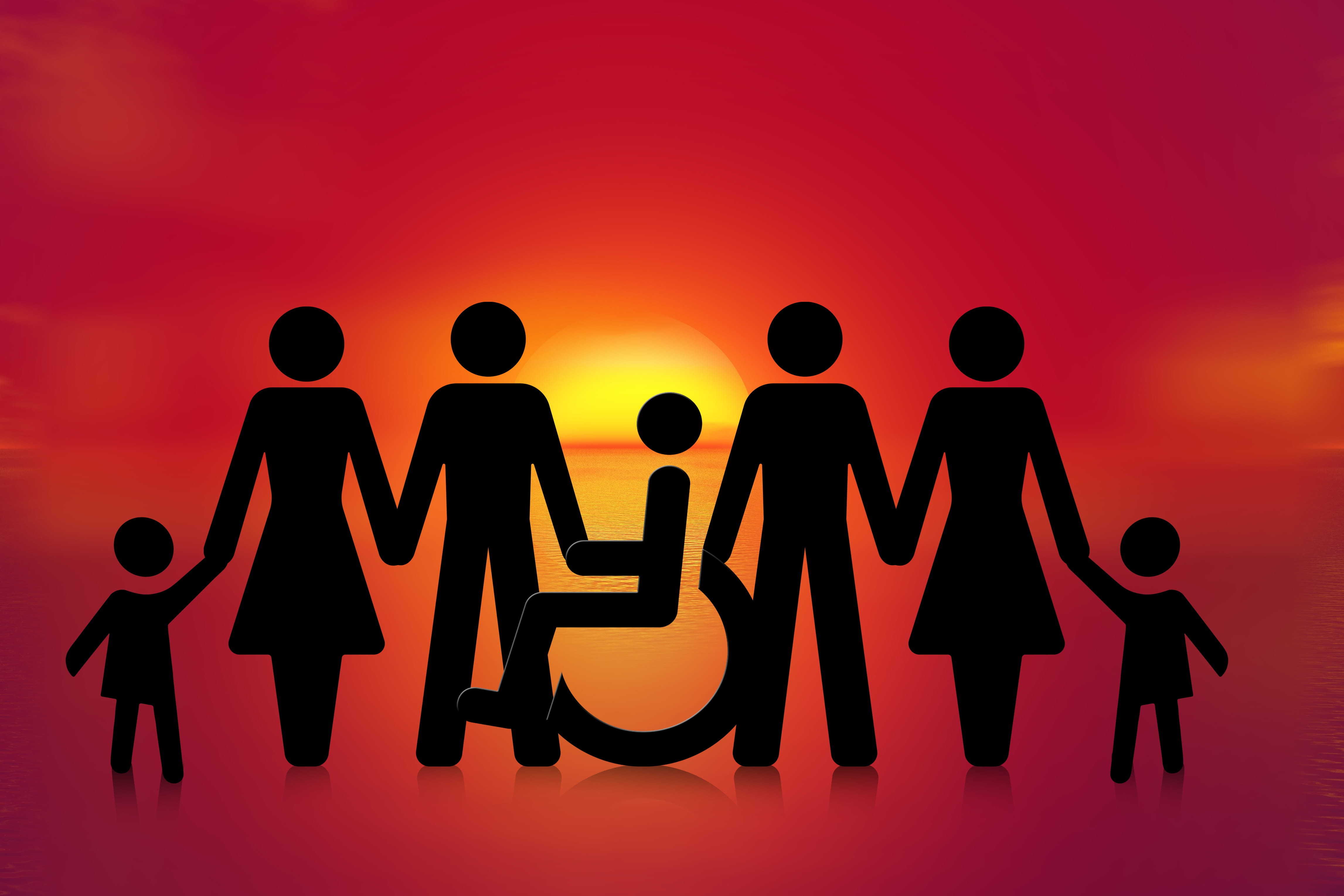 barrier, person, human, men, connection, child, inclusion, lifestyles, handicap, girls, sky, family, man, these include, holding, disability, sunset, silhouette, HD Wallpaper