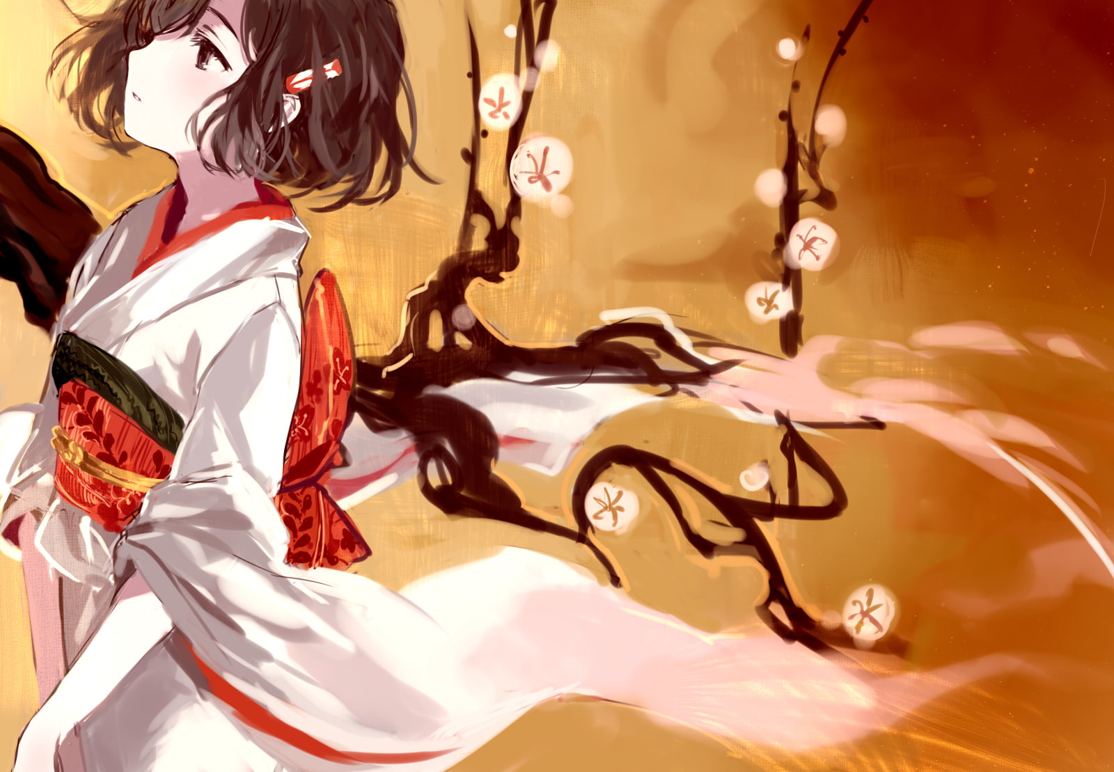 brown, hair, kimono, eyes, tangent, original, japanese, tan, short, clothes, 720P, HD Wallpaper