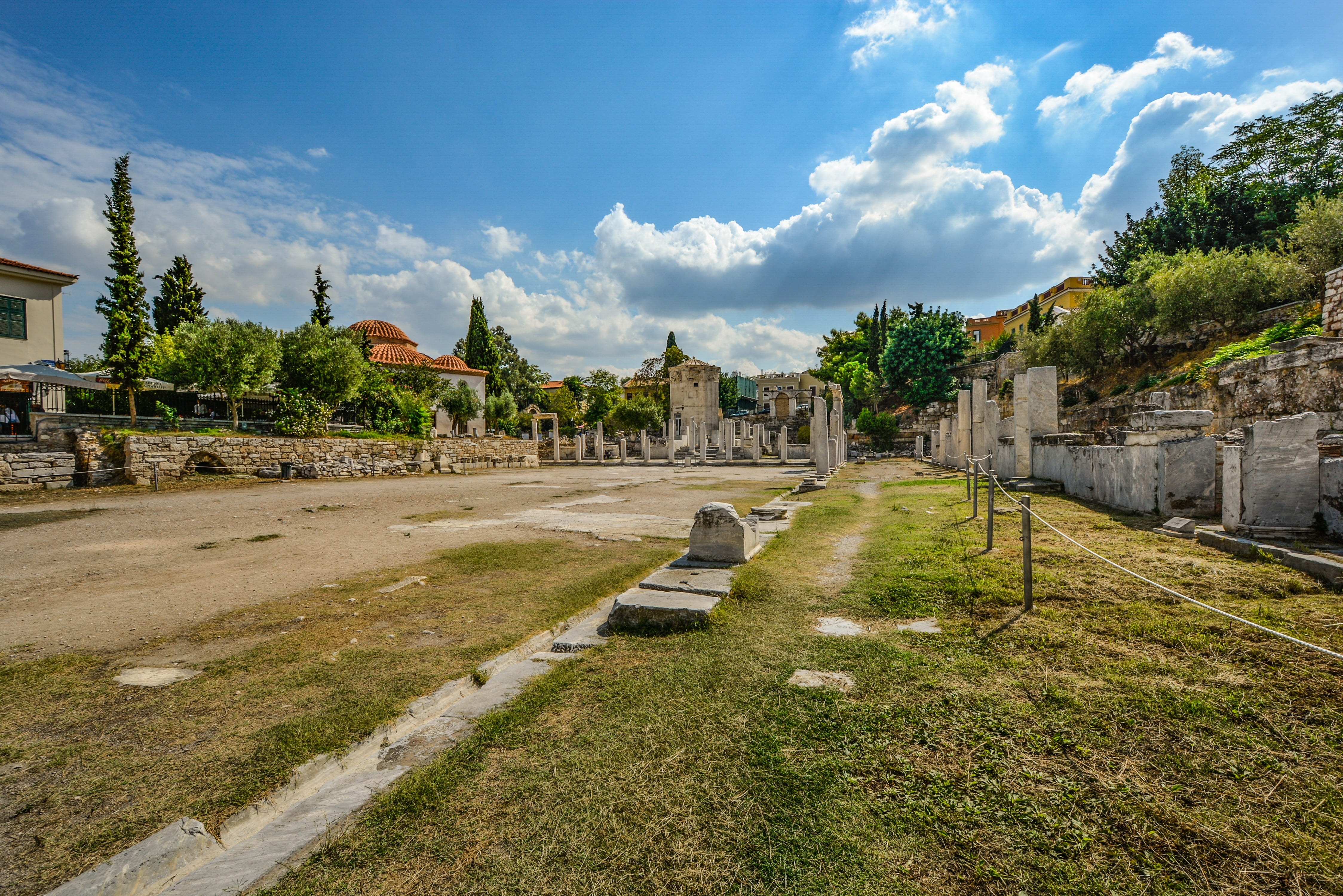 athens, sunny, ruins, mediterranean, field, historic, outdoor, tree, day, architecture, history, agora, outdoors, building exterior, plaka, old, archeology, HD Wallpaper