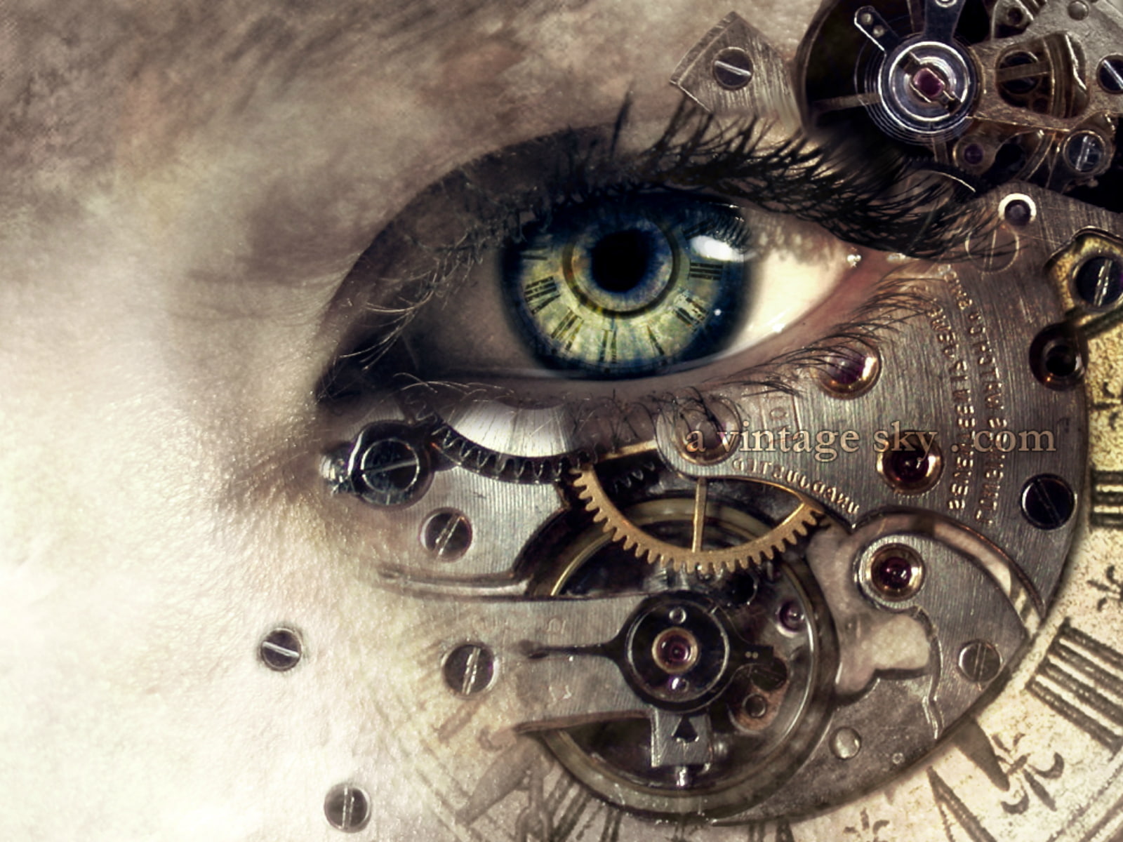 body part, eyelash, pocket watch, complexity, close-up, clock, Steampunk, human eye, time, eyes, 720P, clockworks, technology, indoors, eye, machinery, HD Wallpaper