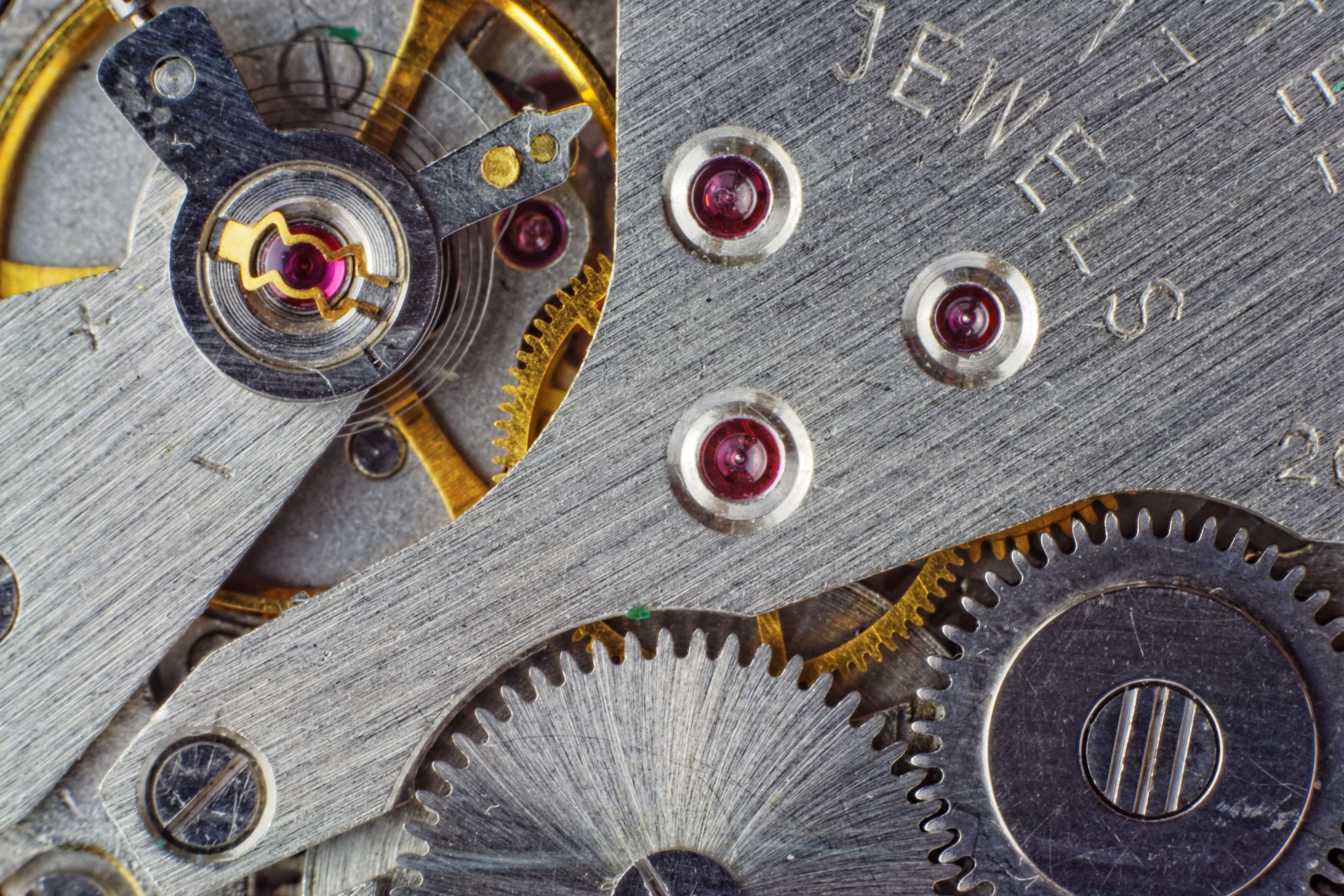 metal, man made, no people, machinery, shape, cogs, 4K, backgrounds, mechanical, table, directly above, equipment, wood - material, watch, retro styled, HD Wallpaper