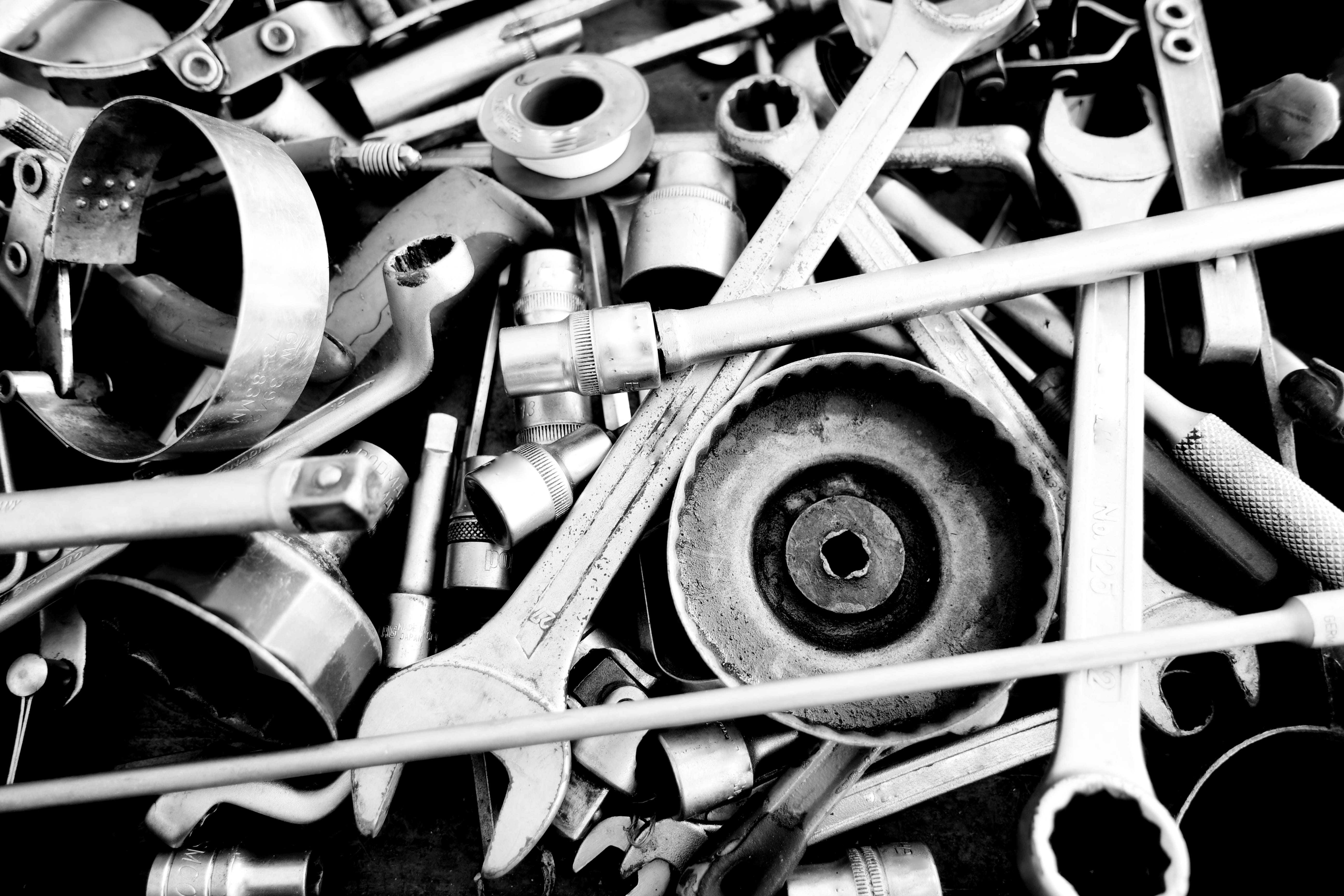 full frame, tire, machine part, 5K, close-up, metal, wrench, tools, day, stationary, parts, silver, monochrome, large group of objects, mode of transportation, HD Wallpaper