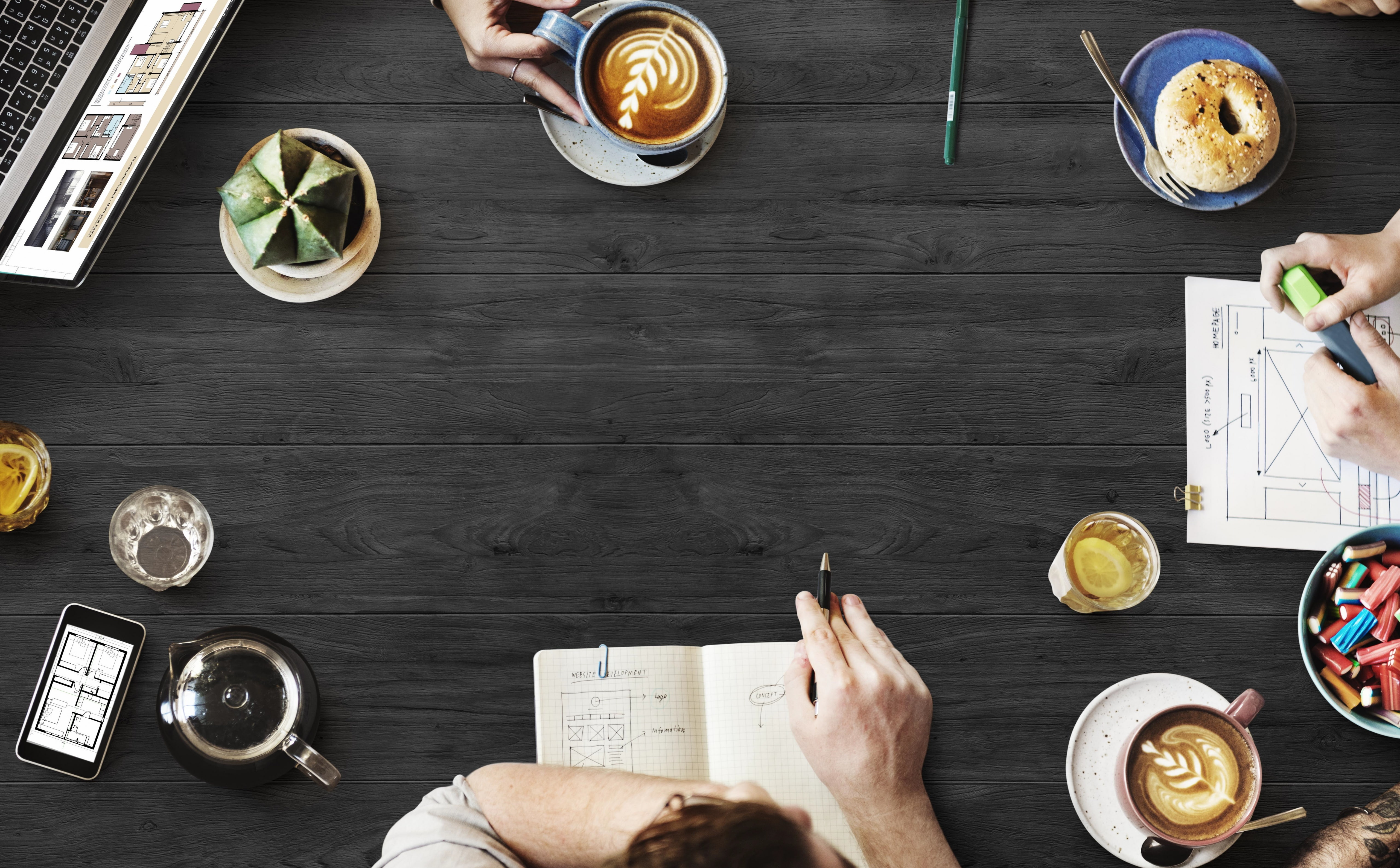 smartphone, ceramic, Cups, high angle view, workspace, human body part, coffee - drink, mug, refreshment, adult, Laptop, Work, Others, blue, 5K, human limb, HD Wallpaper