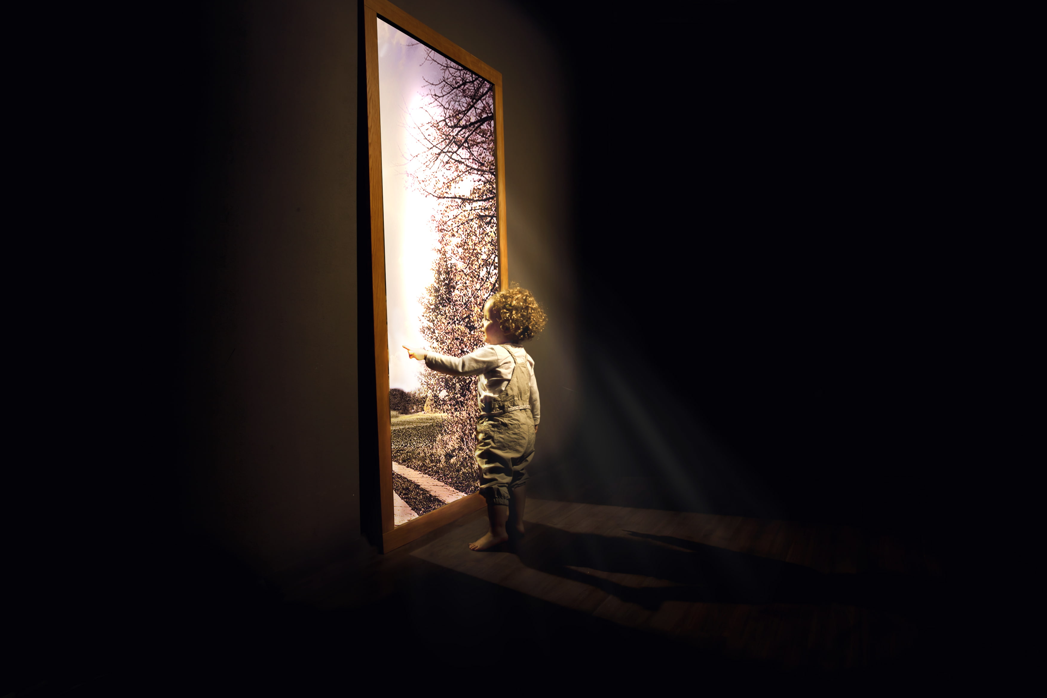 the door, 2K, s, output, dark room, boy, gray, child, dungaree, HD Wallpaper