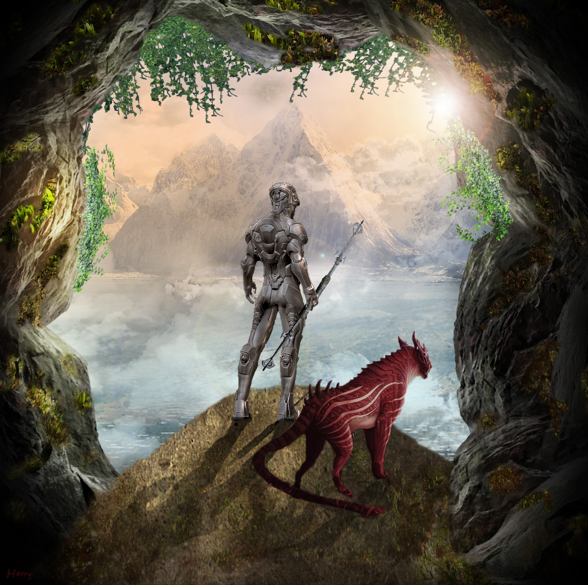 sunlight, mountain, landscape, fantasy, country wide, creature, sun, red, cloud - sky, cyborg, mood, distant, creativity, no people, sky, warrior, cave, HD Wallpaper