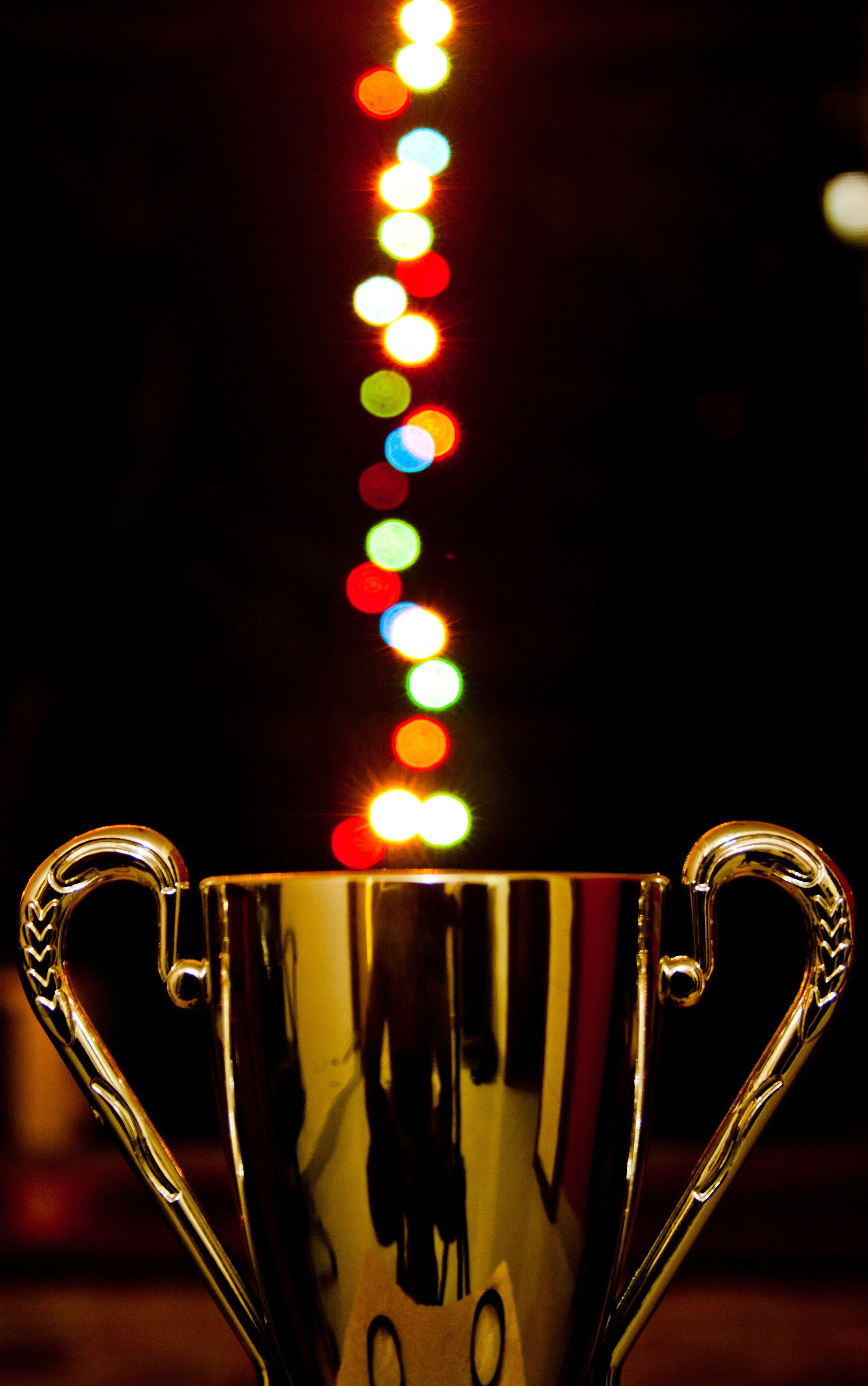 cup, reward, metallic, holiday, night, figure, metal, refreshment, decoration, illuminated, competition, lights, drink, indoors, champion, first, focus on foreground, Phone HD Wallpaper