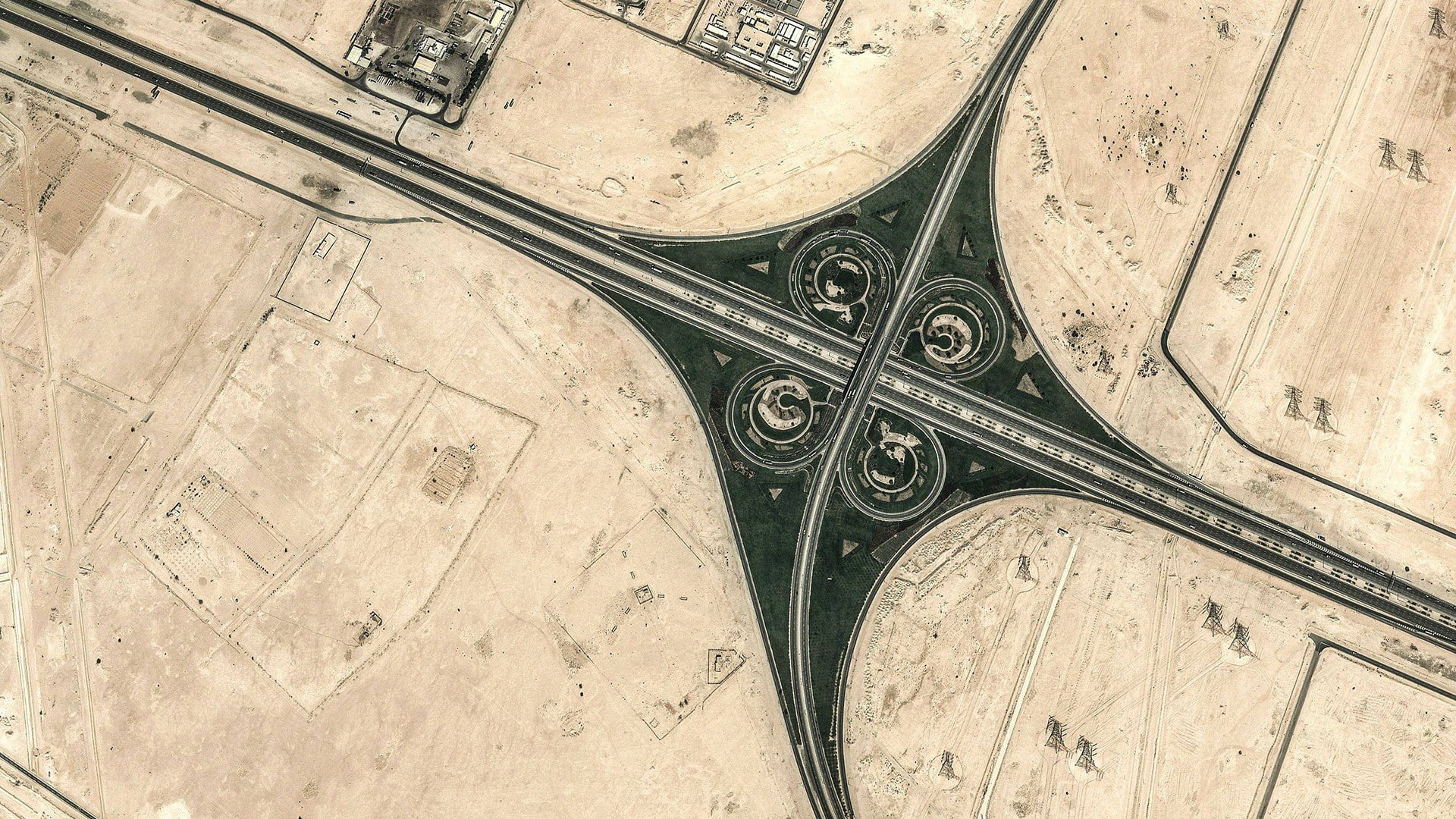 way, nature, aerial view, road, desert, crossroads, 1080P, highway, geometry, landscape, traffic, HD Wallpaper