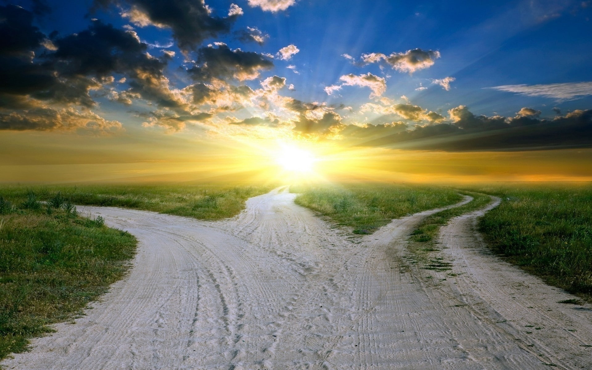 direction, landscape, Roads, tranquil scene, no people, springtime, dirt, lens flare, road, tranquility, Sand, Field, transportation, Sun, Clouds, Crossroads, HD Wallpaper
