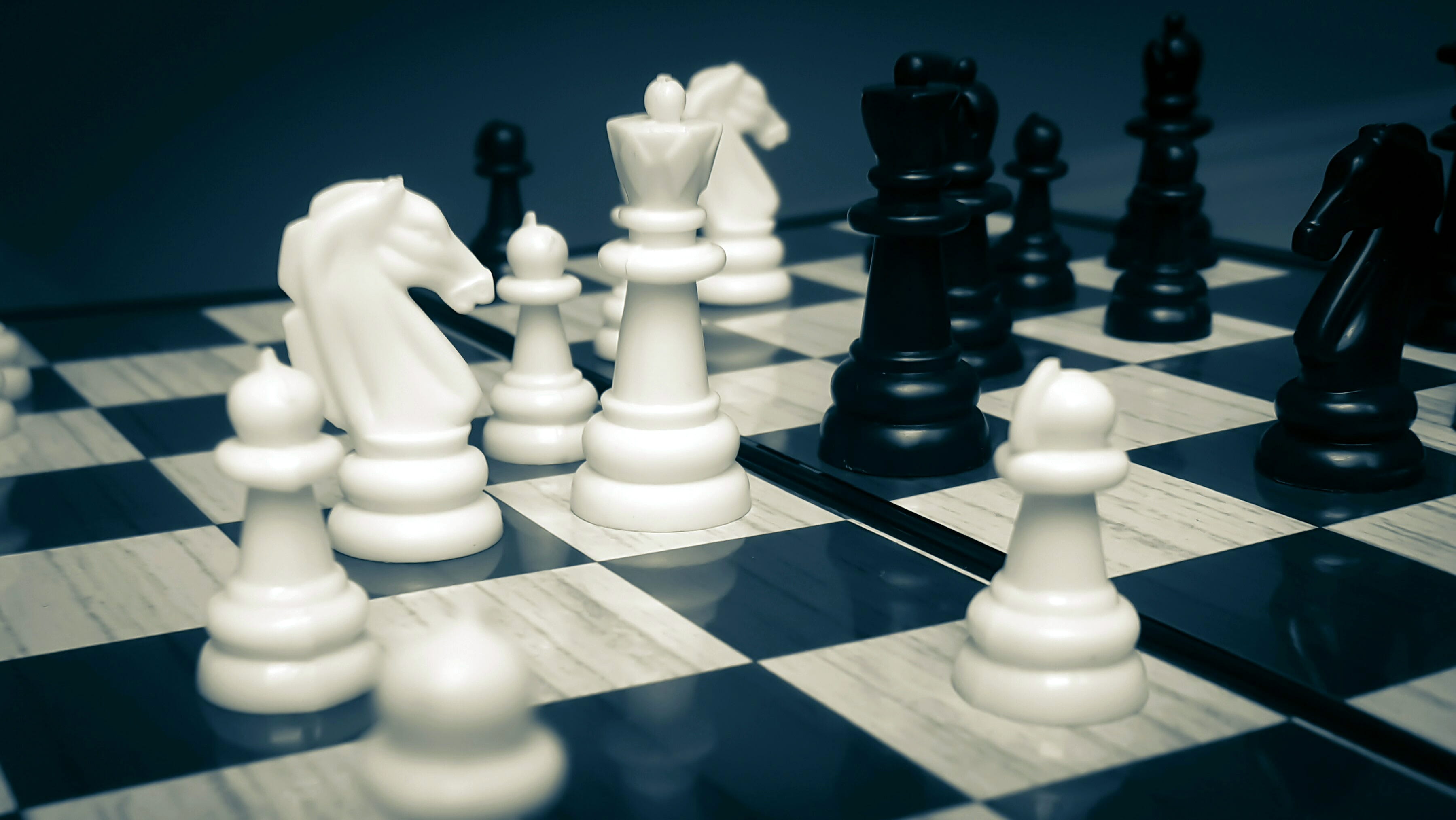 arts culture and entertainment, close-up, 2K, photography, Strategy, queen - chess piece, strategy, challenge, white color, Chess, knight - chess piece, HD Wallpaper