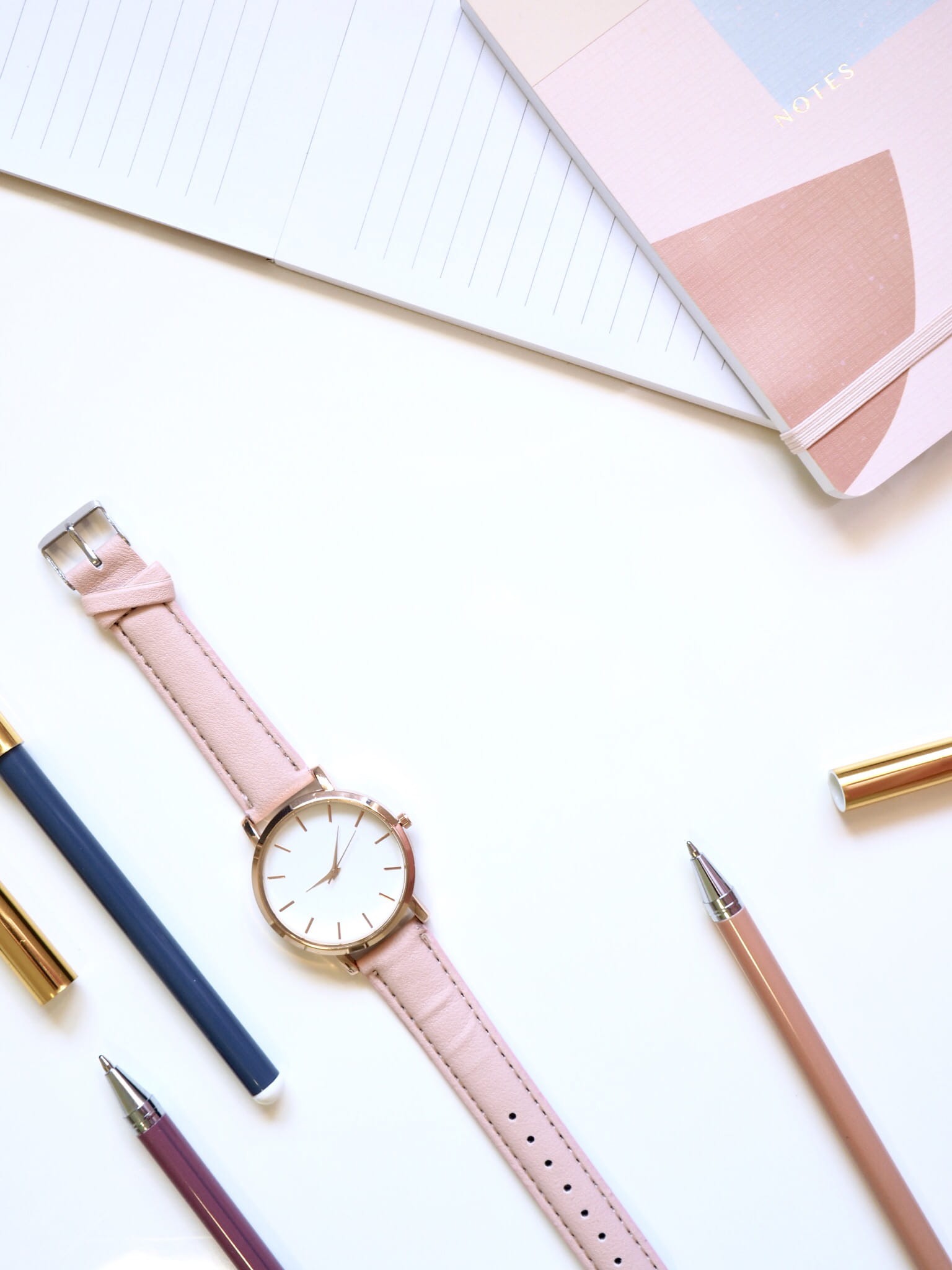 pink, 1080P, clock, gold, organise, colored, white space, pen, simple, note, analog, round, office, single Object, close-up, paper, website, diary, neutral, Phone HD Wallpaper
