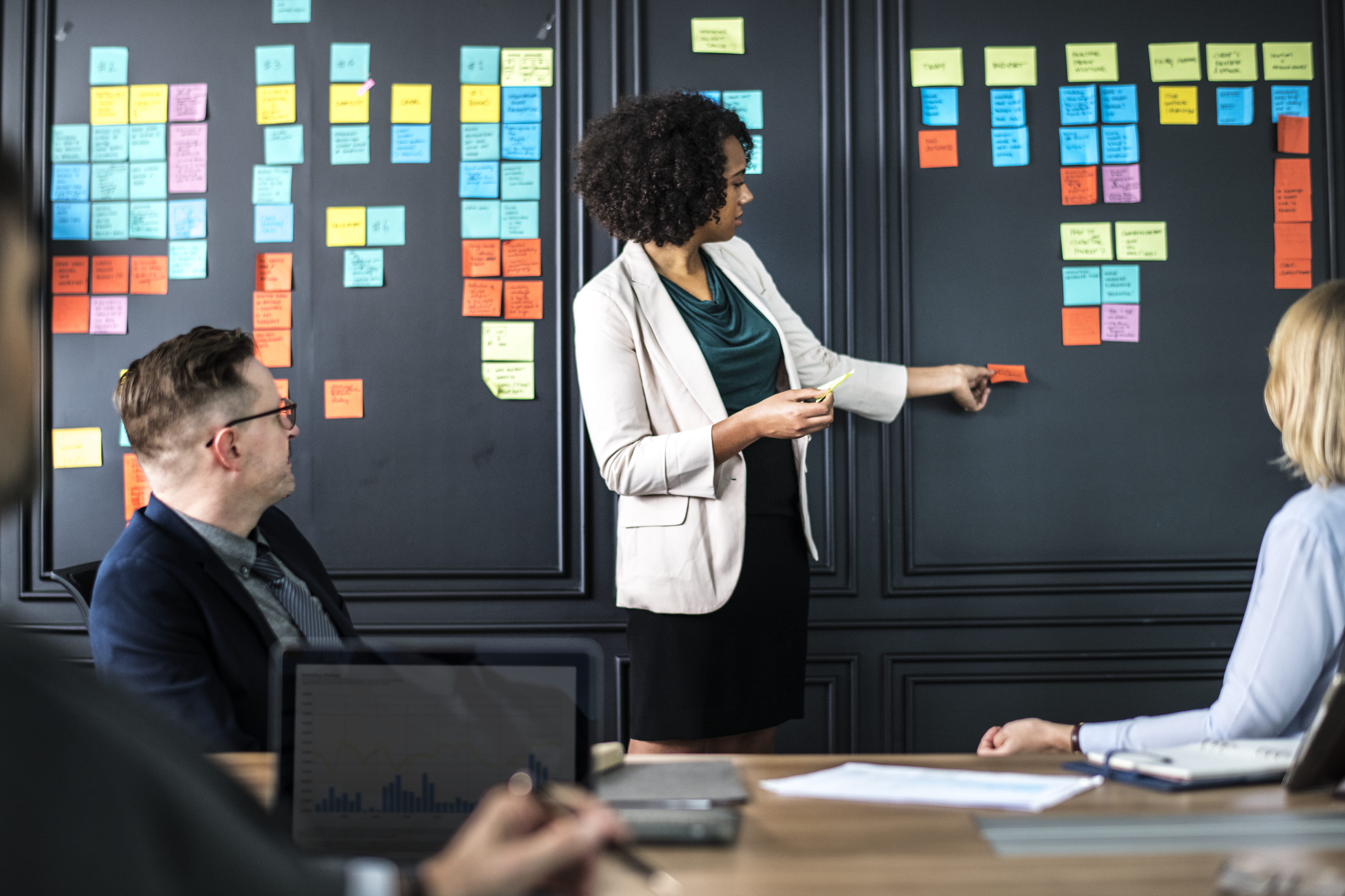 corporate business, teamwork, wall, sticky note, board, group of people, communication, formal businesswear, males, 4K, sticking, business person, westerner, HD Wallpaper