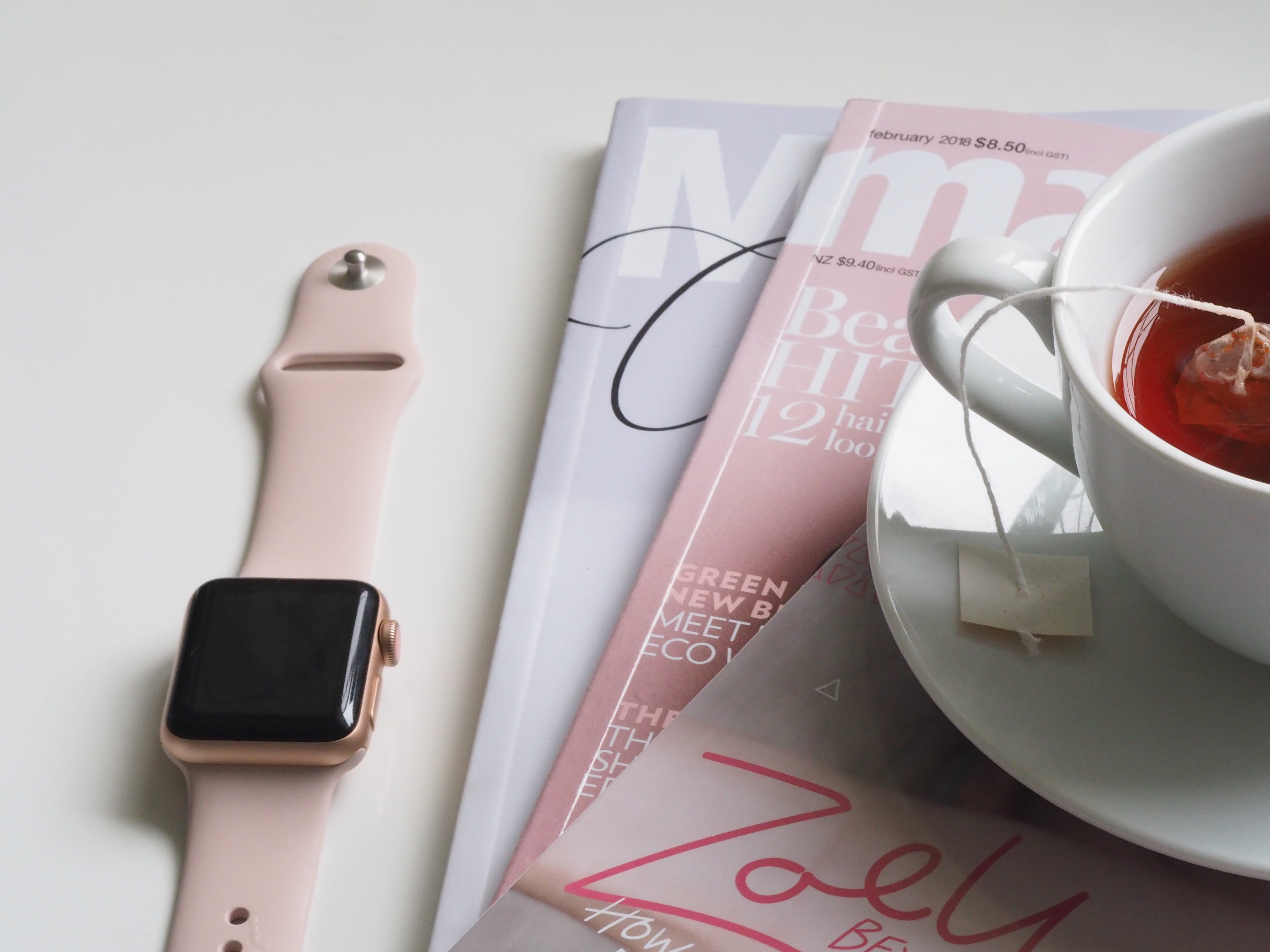 mug, watch, saucer, teacup, blog, red, read, tea, no people, design, pack, herbal, studio shot, communication, apple watch, still life, 4K, food and drink, HD Wallpaper
