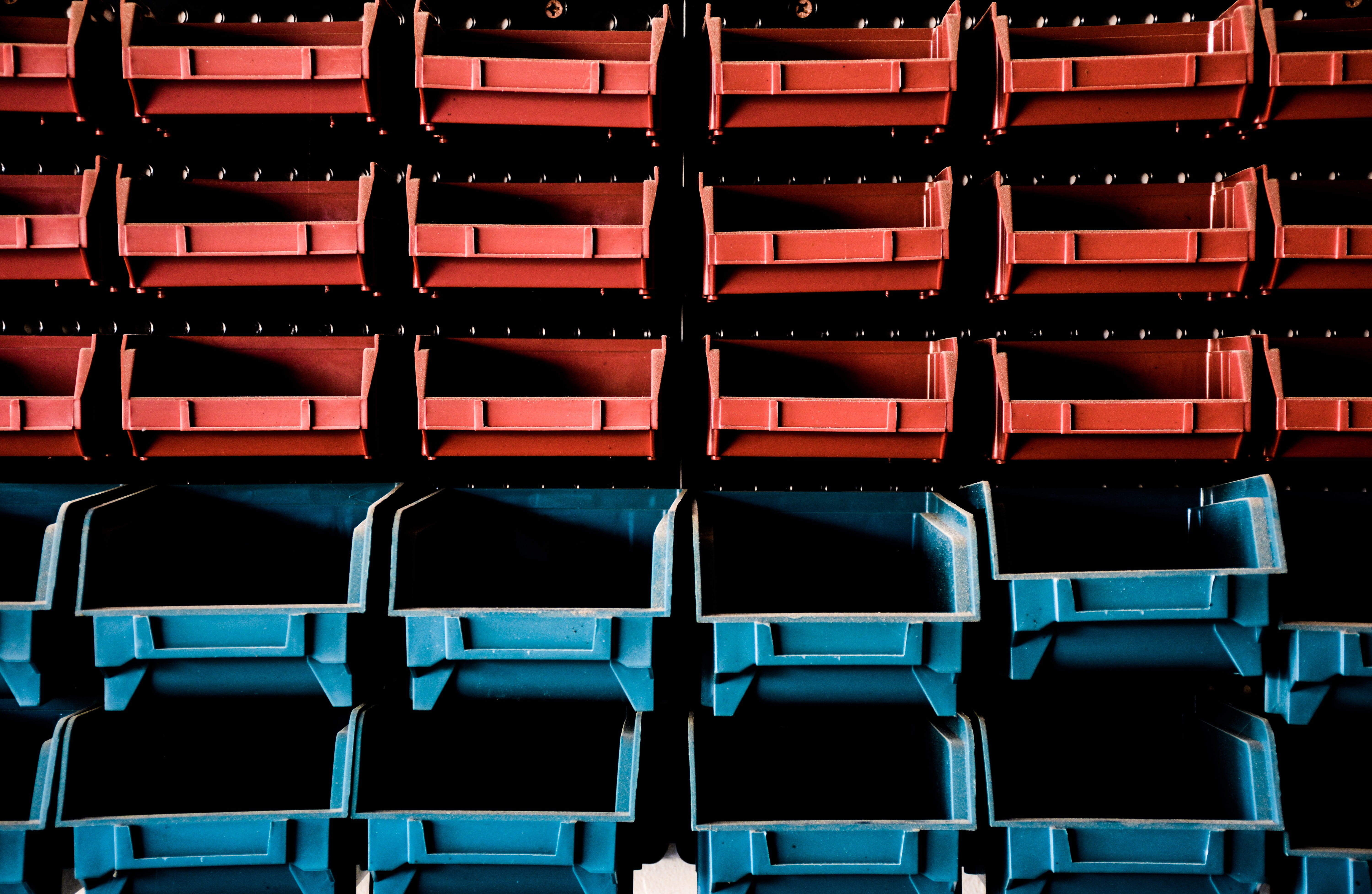 organization, shelf, order, in a row, color, empty, day, 5K, arrangement, symmetry, large group of objects, organisation, brown, blue, absence, kind, shadow, HD Wallpaper