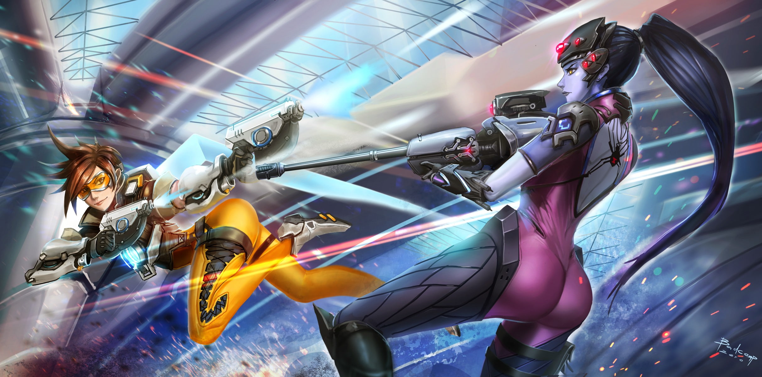silver colored, illuminated, side view, technology, futuristic, adult, robot, lena oxton amlie lacroix overwatch tracer widowmaker blizzard entertainment pulse pistols chronal accelerator affiliation talon, HD Wallpaper