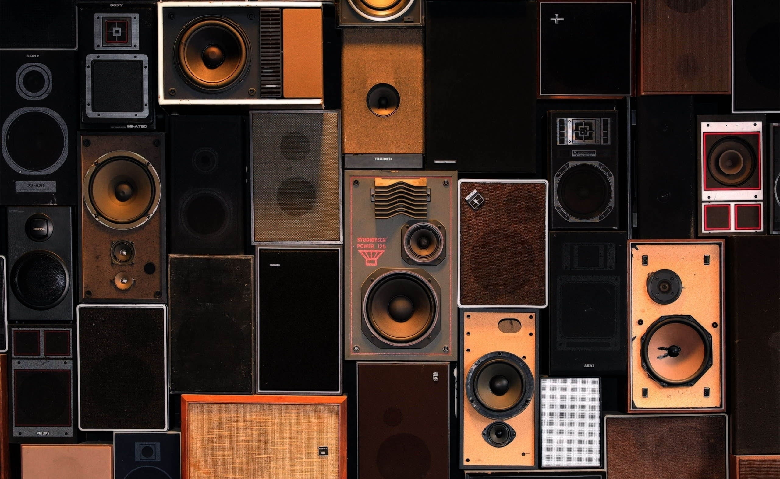 stereo, 2K, in a row, audio electronics, equipment, Speakers, backgrounds, speaker, electrical equipment, technology, industry, sound recording equipment, HD Wallpaper