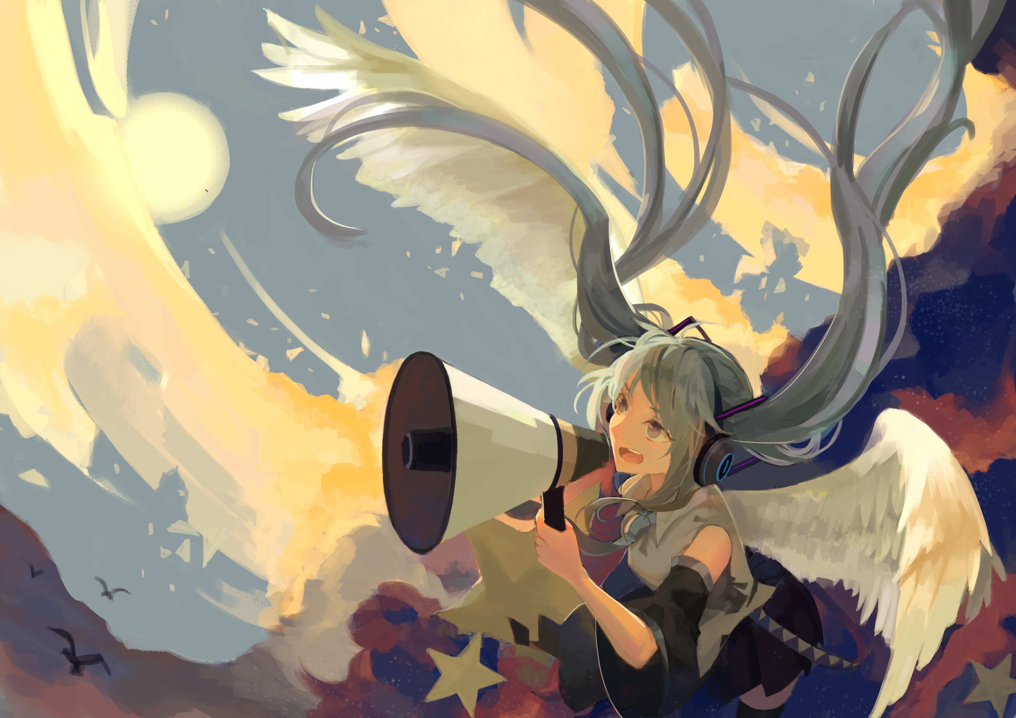 standing, wings, twintails, Anime, innocence, child, hair, 2K, yellow, looking, outdoor play equipment, vocaloid, megaphone, hairstyle, casual clothing, HD Wallpaper
