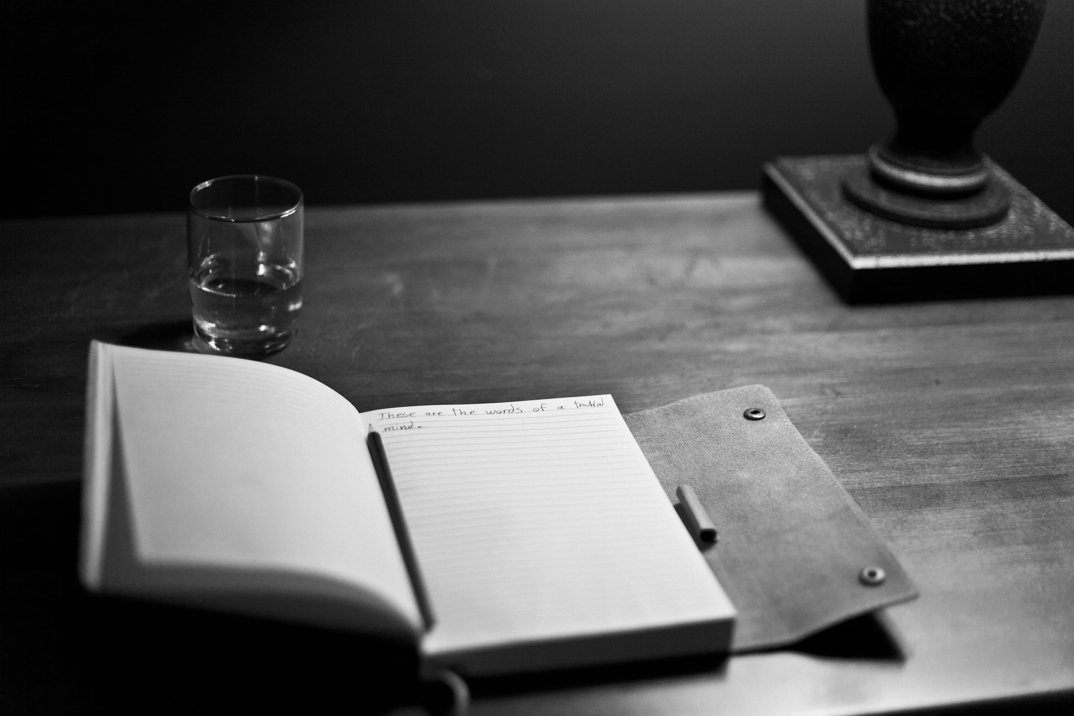indoors, top, sheet, table, drink, photography, monochromatic, writing, food and drink, pen, 4K, selective focus, drinking water, page, ink, notepad, paper, HD Wallpaper