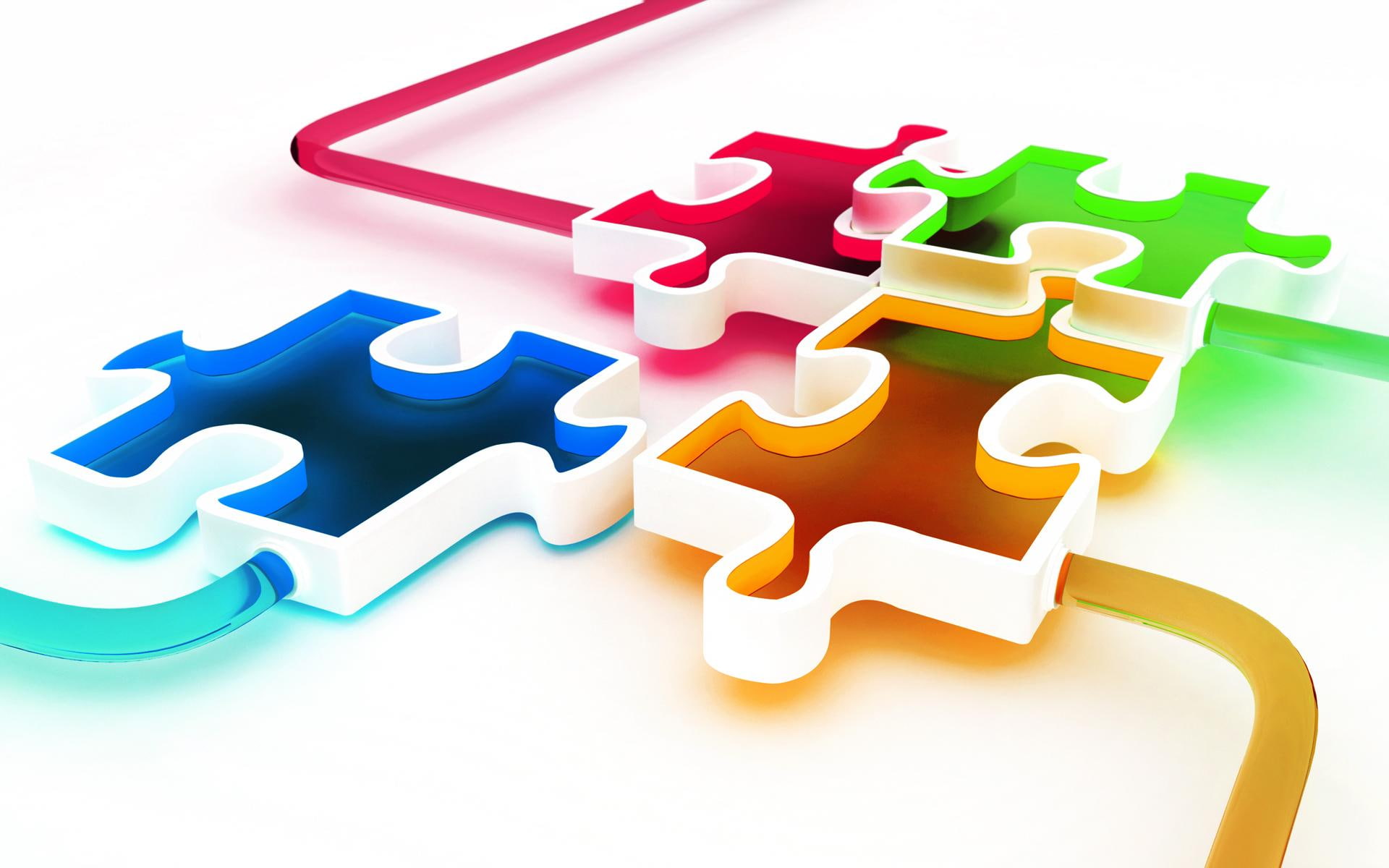 1080P, jigsaw, 3d and abstract, orange, blue, connect, chromatic, white, scarlett, neon, link, chrome, green, puzzle, light, HD Wallpaper