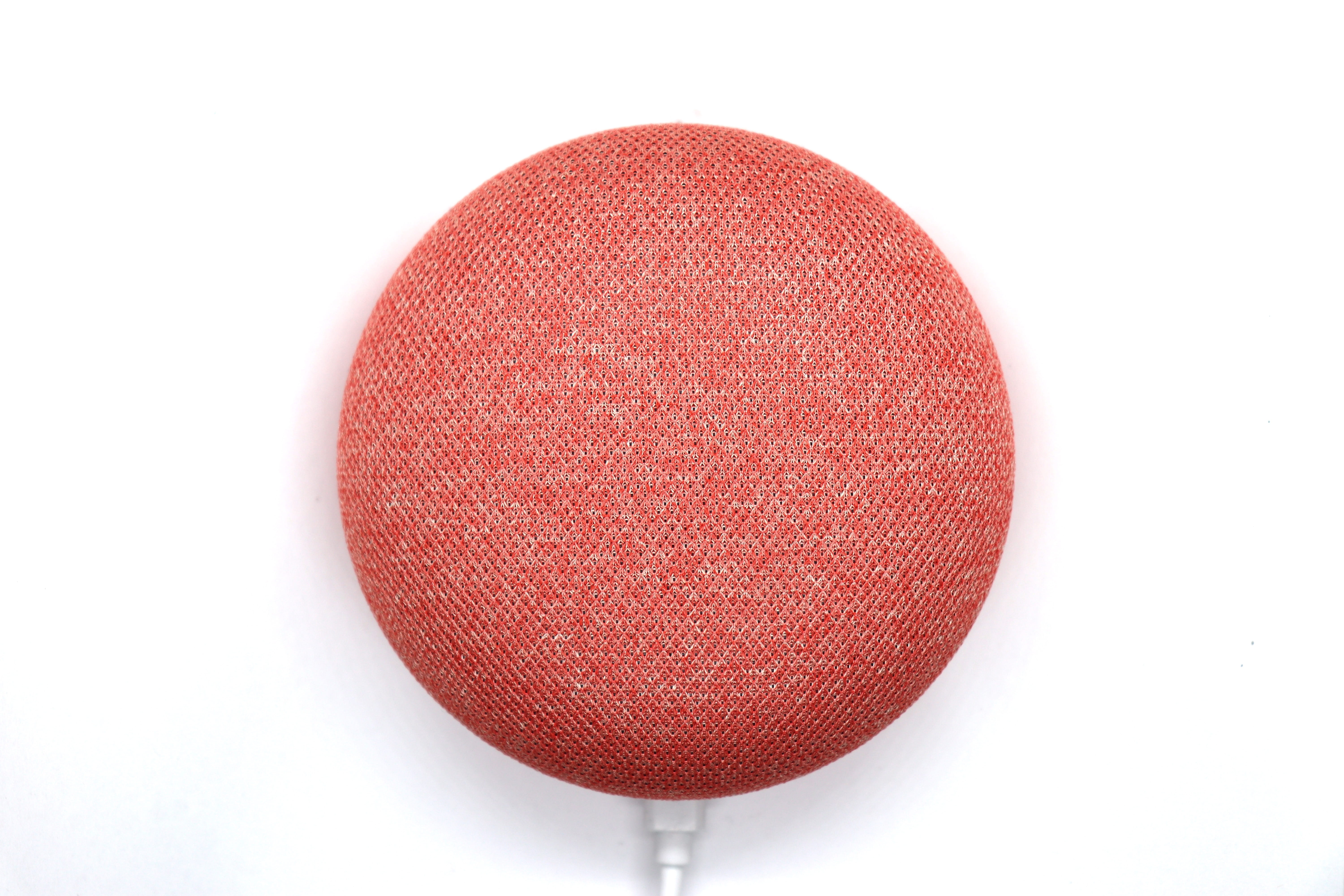 voice recognition, texture, google assistant, google home mini, wi-fi, electronic device, amazon alexa, no people, man made, apple siri, 5K, red, ball, HD Wallpaper