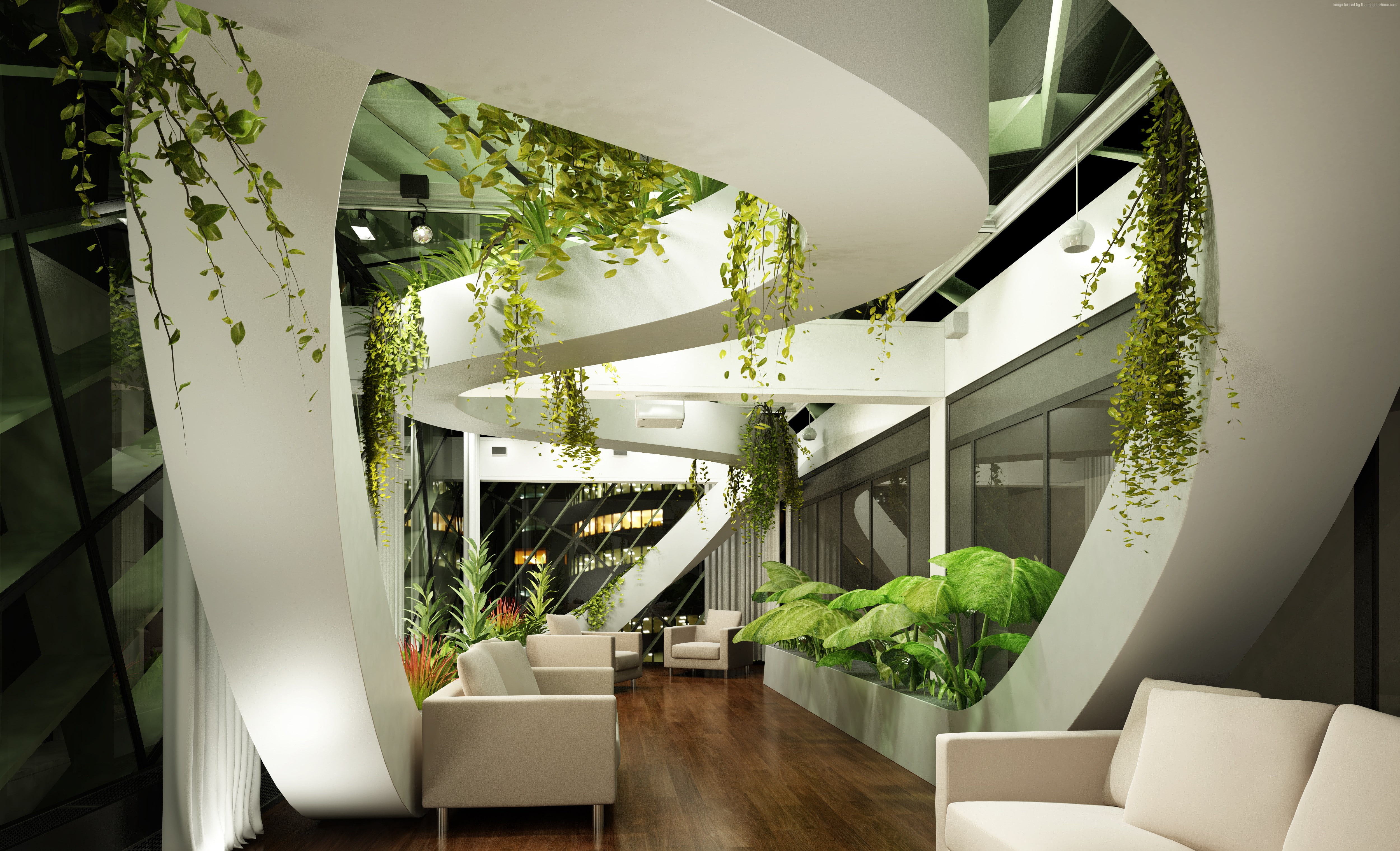 Living room, design, plants, 4K, modern, high-tech, light shades, HD Wallpaper