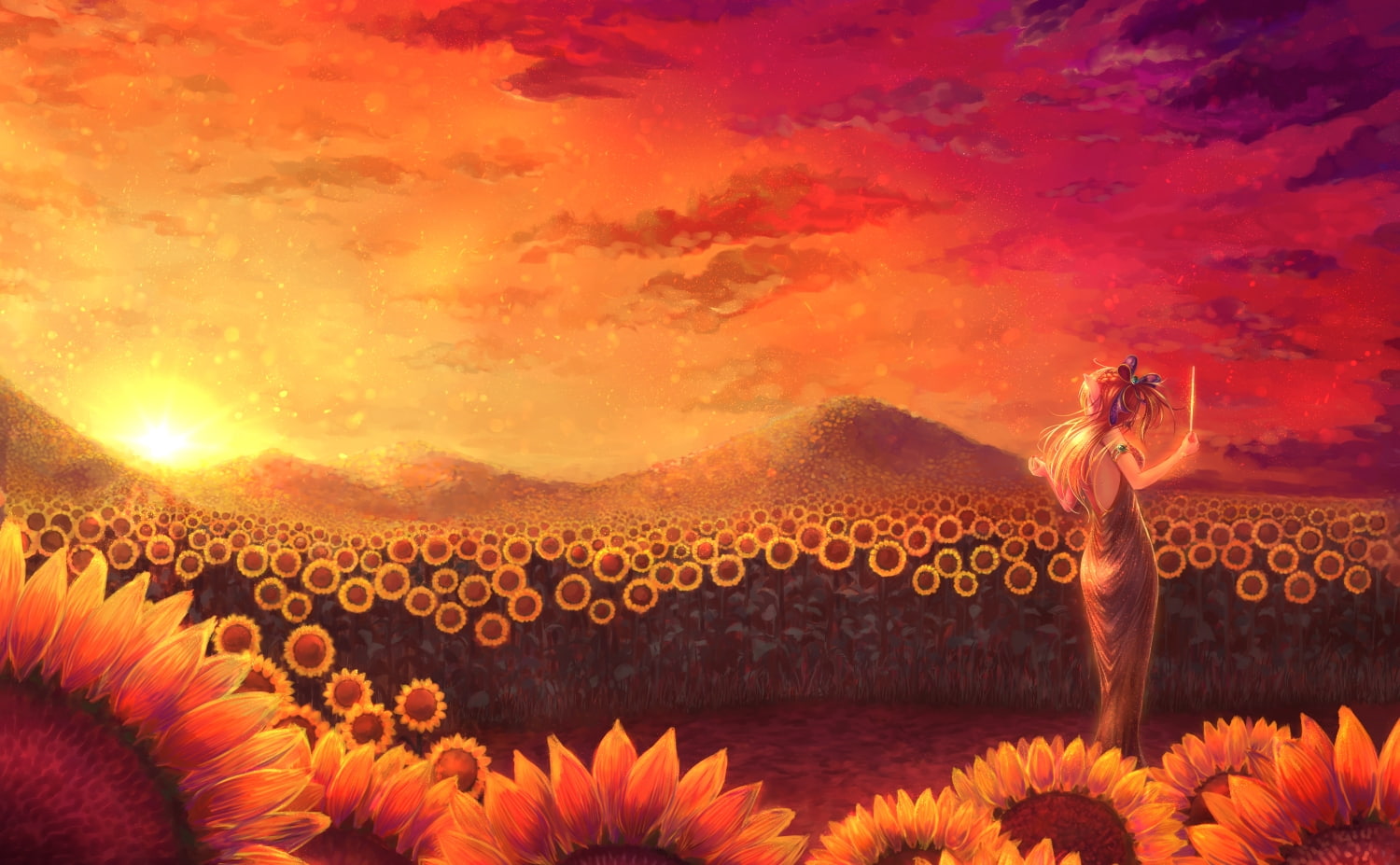 Anime, flowering plant, animal, cloud - sky, animals in the wild, beauty in nature, sunflowers, water, 720P, plant, flower head, sky, anime girl conductor, HD Wallpaper