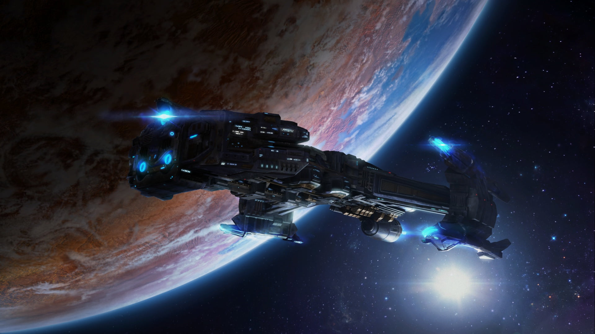 planet, spaceship, space, battlecrusier, cruiser, 1080P, starcraft, strategy, Terran, terrans, remastered, HD Wallpaper