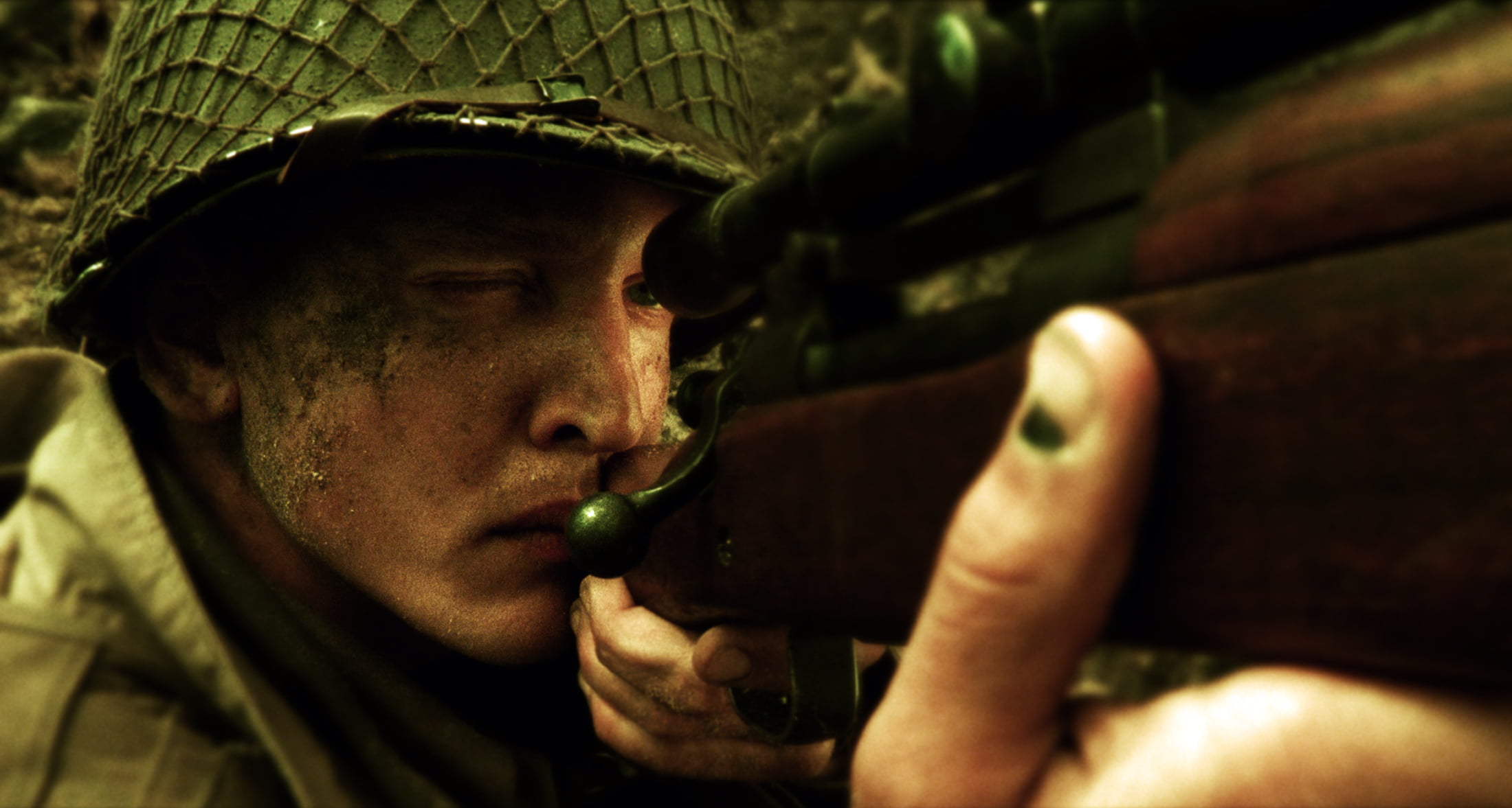 selective focus, portrait, 1080P, headshot, weapons, close-up, military, government, black, dirty, army, aiming, social issues, saving private Ryan, human face, HD Wallpaper