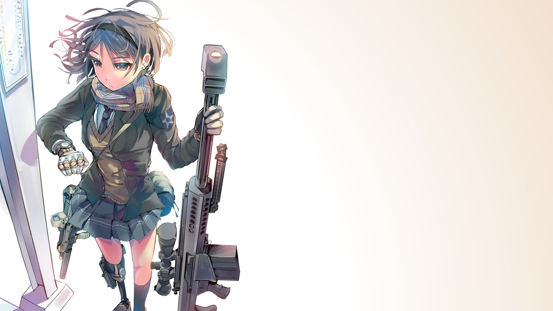 standing, three quarter length, one person, school uniform, machinery, studio shot, Daito, holding, 1080P, anime girls, metal, protection, activity, indoors, HD Wallpaper