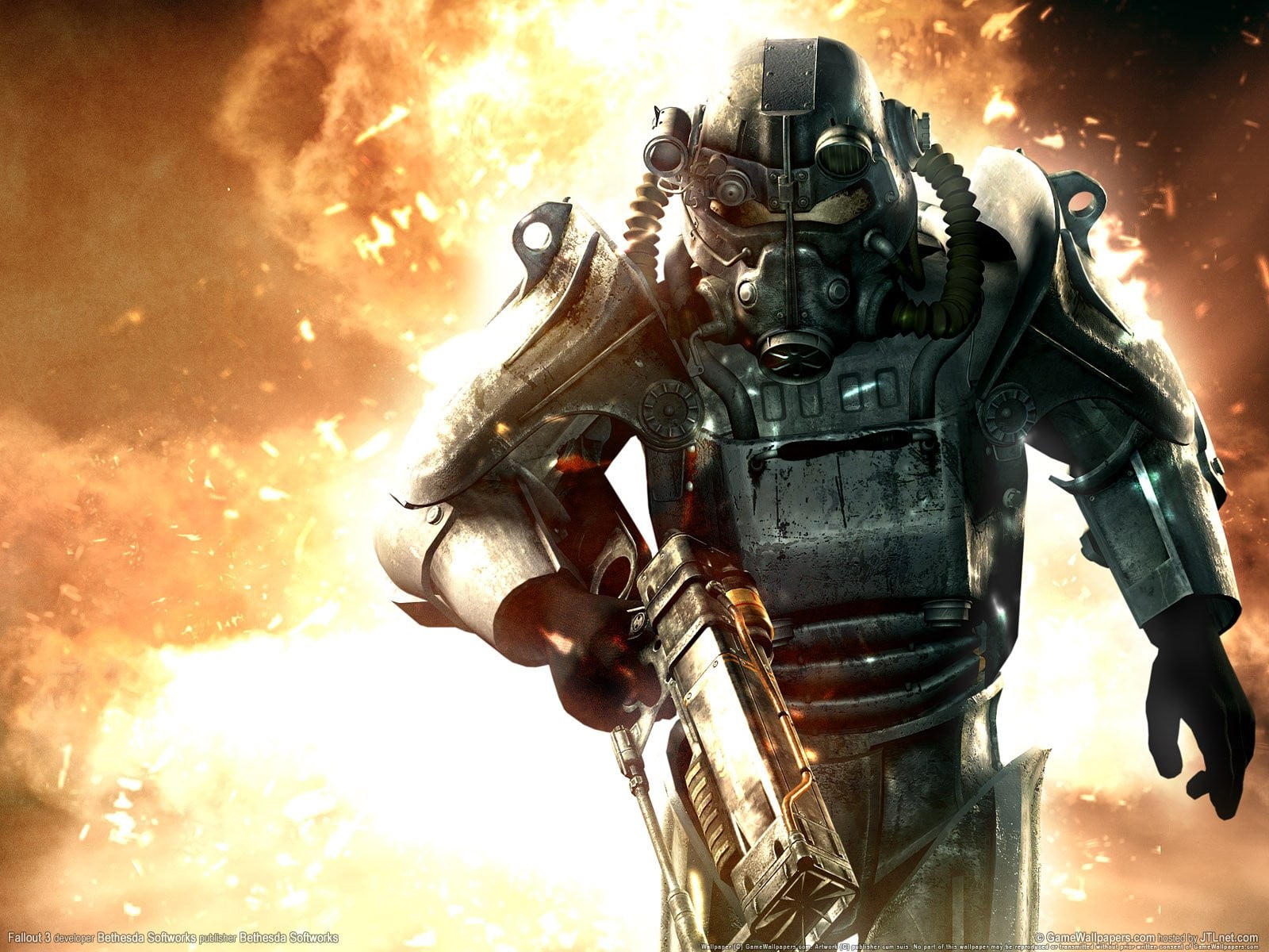 Fallout 3, fire, 720P, flame, outdoors, male likeness, digital, representation, security, human representation, close-up, art and craft, wearing, character, HD Wallpaper