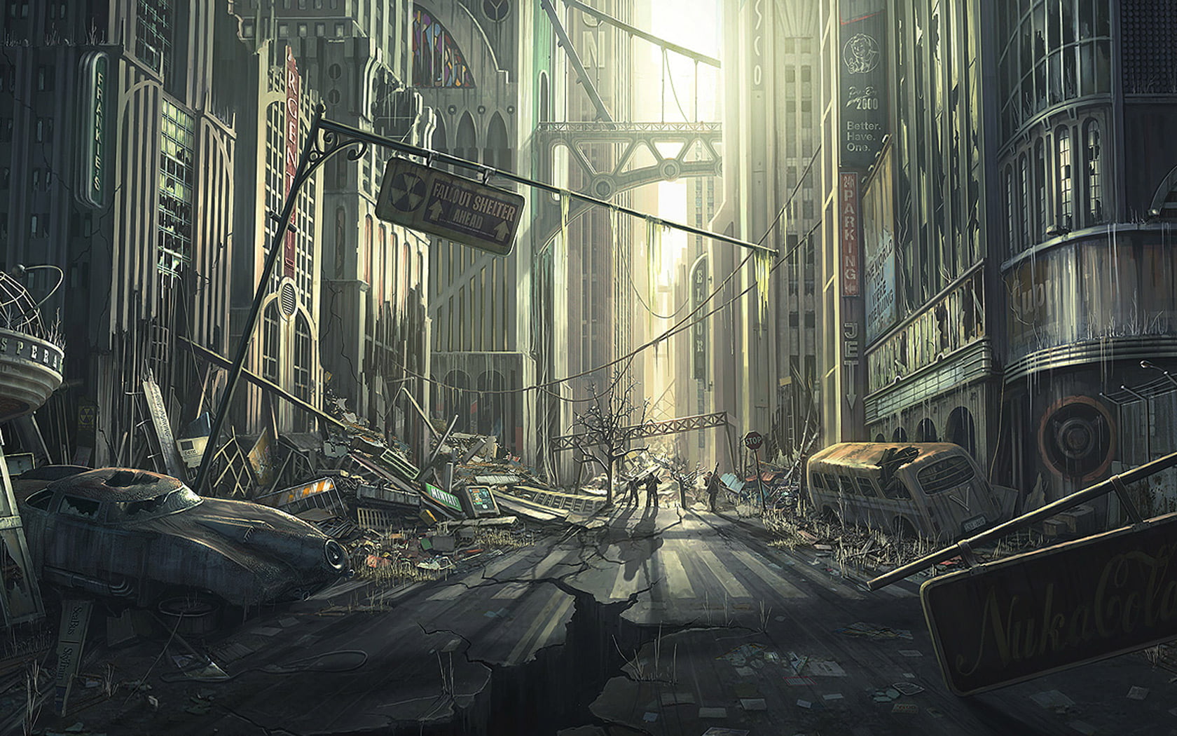 abandoned, video games, industry, gray, apocalyptic, 720P, dark, sunlight, Fallout 3, street, car, spooky, window, manhattan - New York City, cityscape, HD Wallpaper