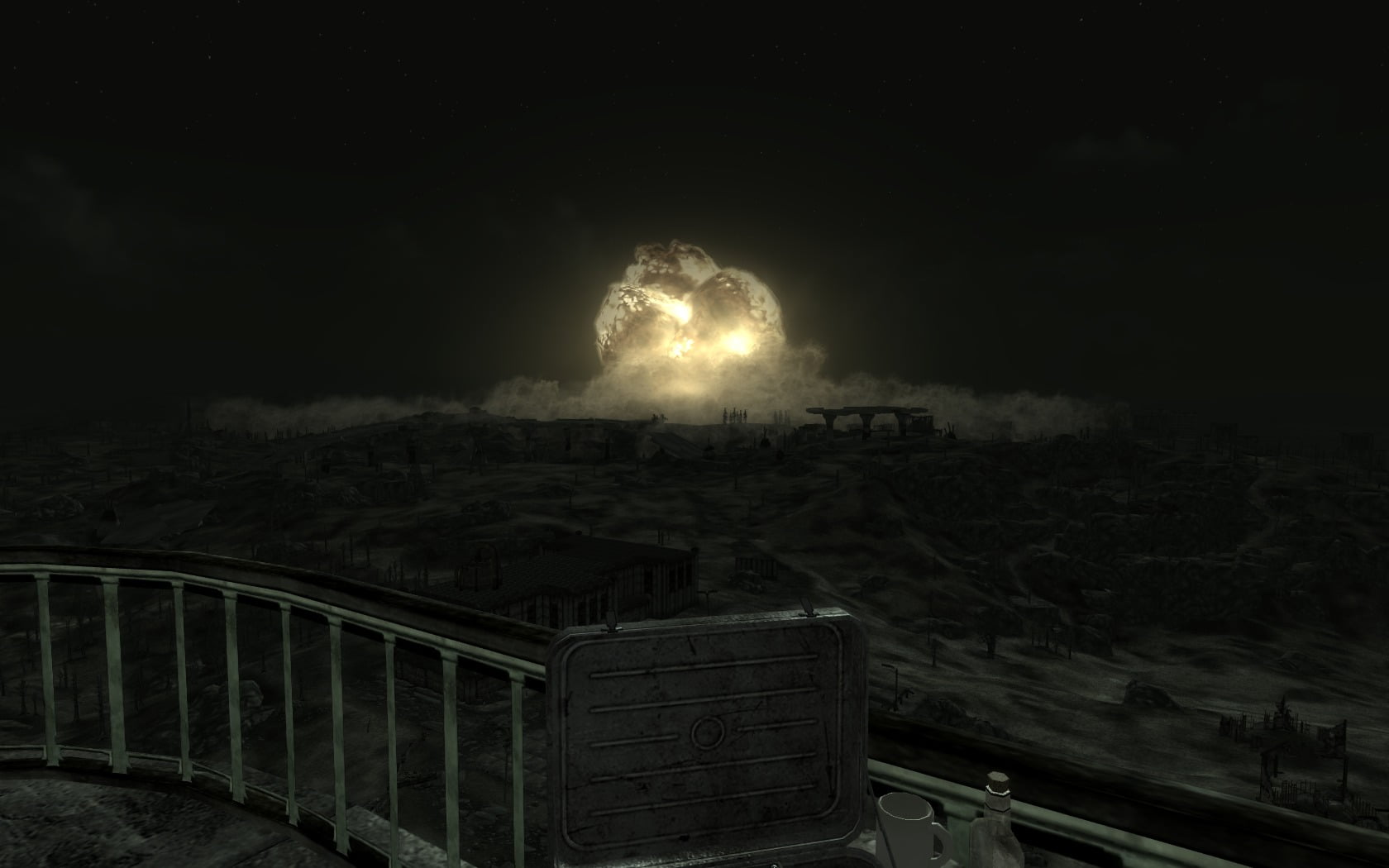 outdoors, building exterior, railing, Megaton, no people, smoke - physical structure, transportation, glowing, water, building, night, cloud - sky, Fallout, HD Wallpaper