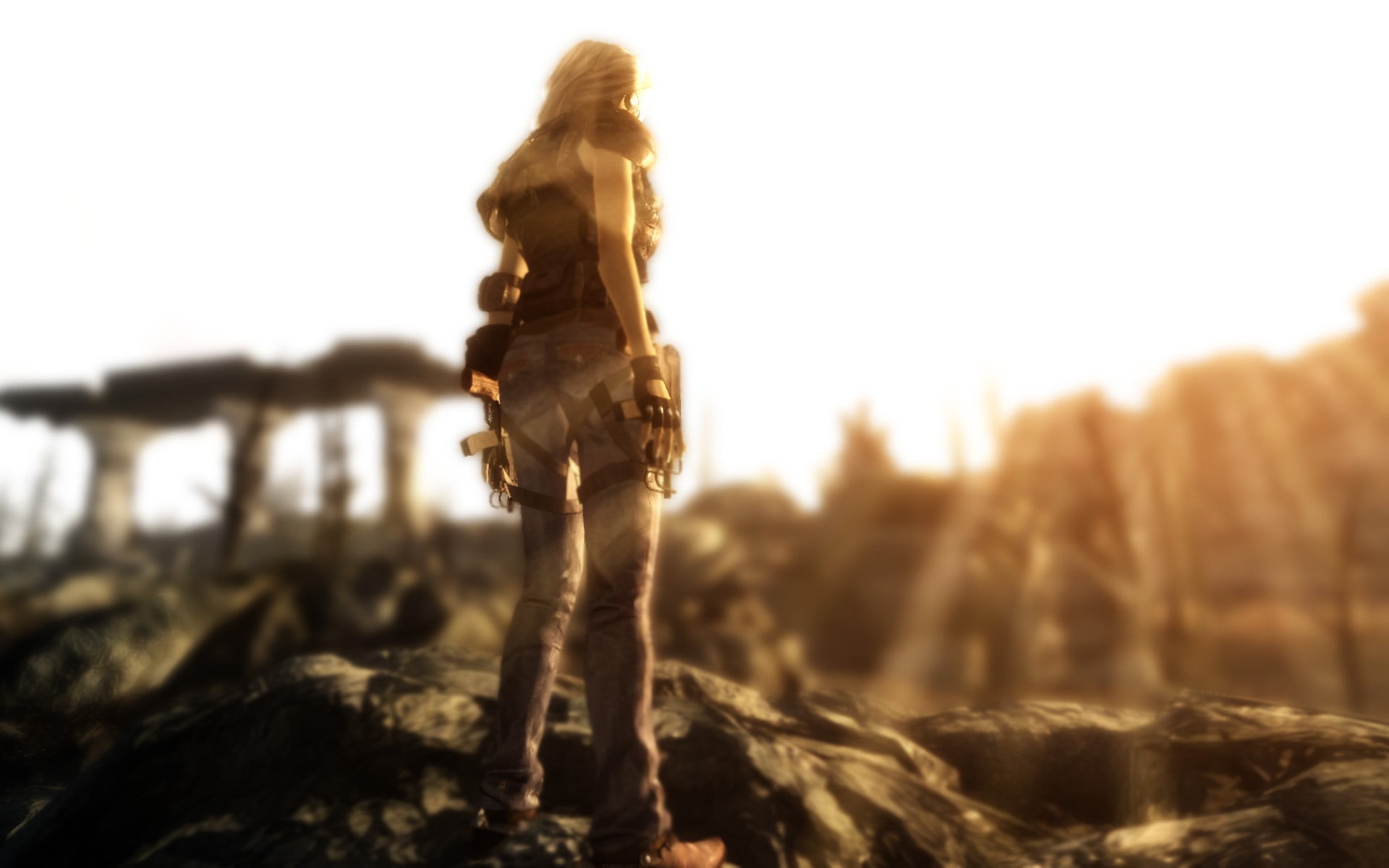 full length, adult, female, nature, field, winter, rear view, one person, land, leisure activity, video games, clear sky, sky, standing, character, 1080P, HD Wallpaper