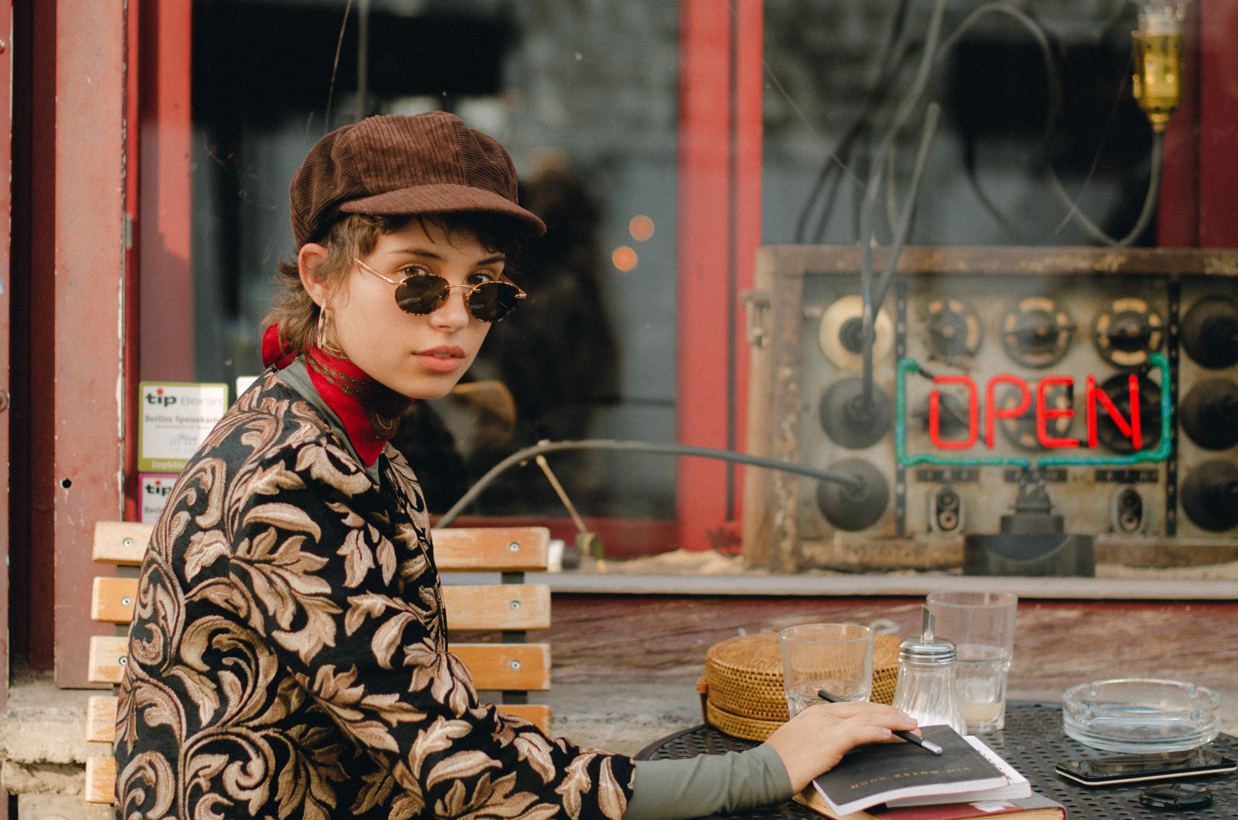 4K, film, fashion, iced, window, sunglasses, shop, store, waist up, young women, sunglass, portrait, adult, city, neon, old, looking, real people, coffee, HD Wallpaper