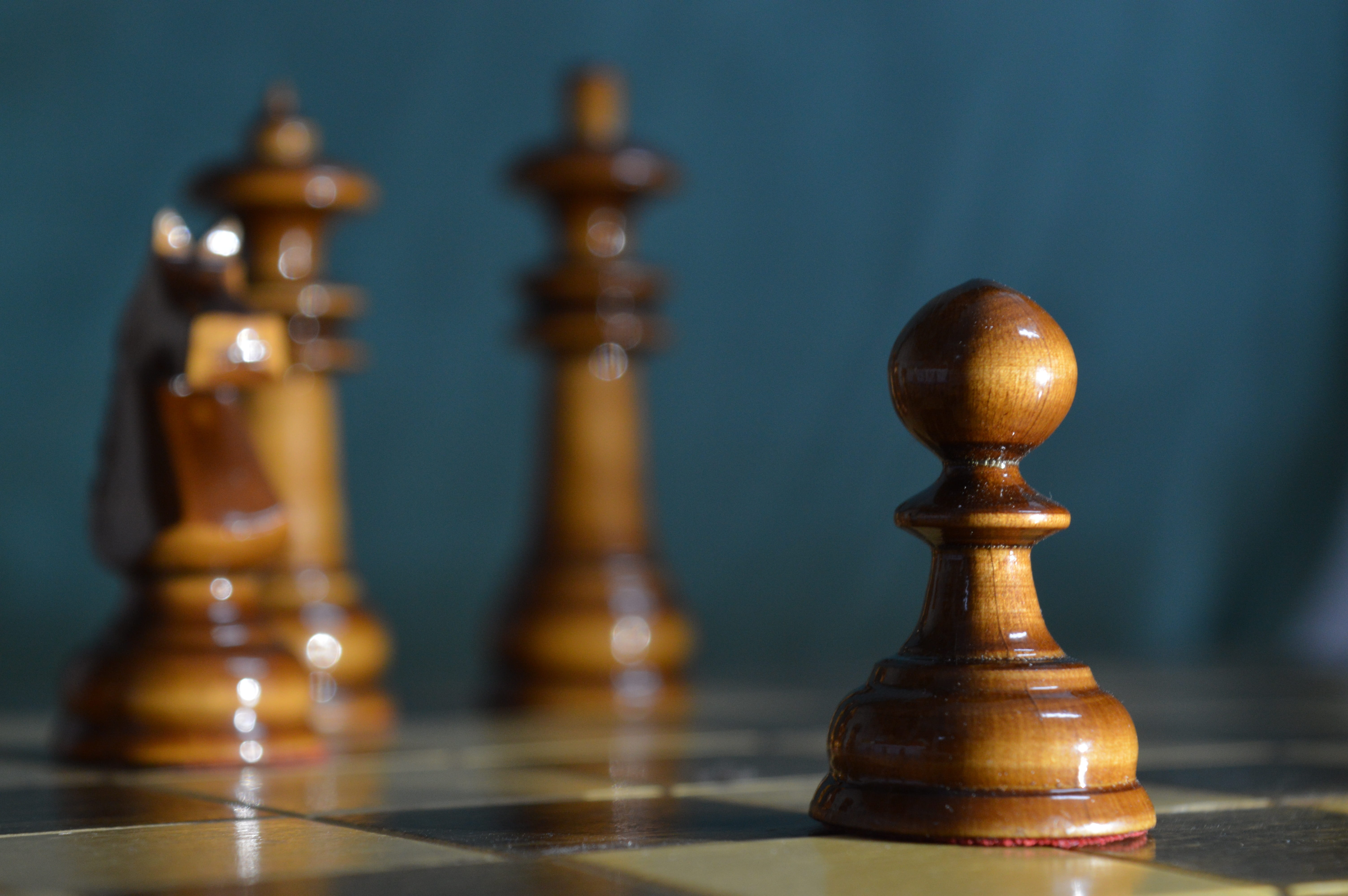 chess, pawn, royal, focus, wood - material, table, 5K, black, knight, selective, brown, bishop, chess board, queen - chess piece, competition, chess piece, HD Wallpaper