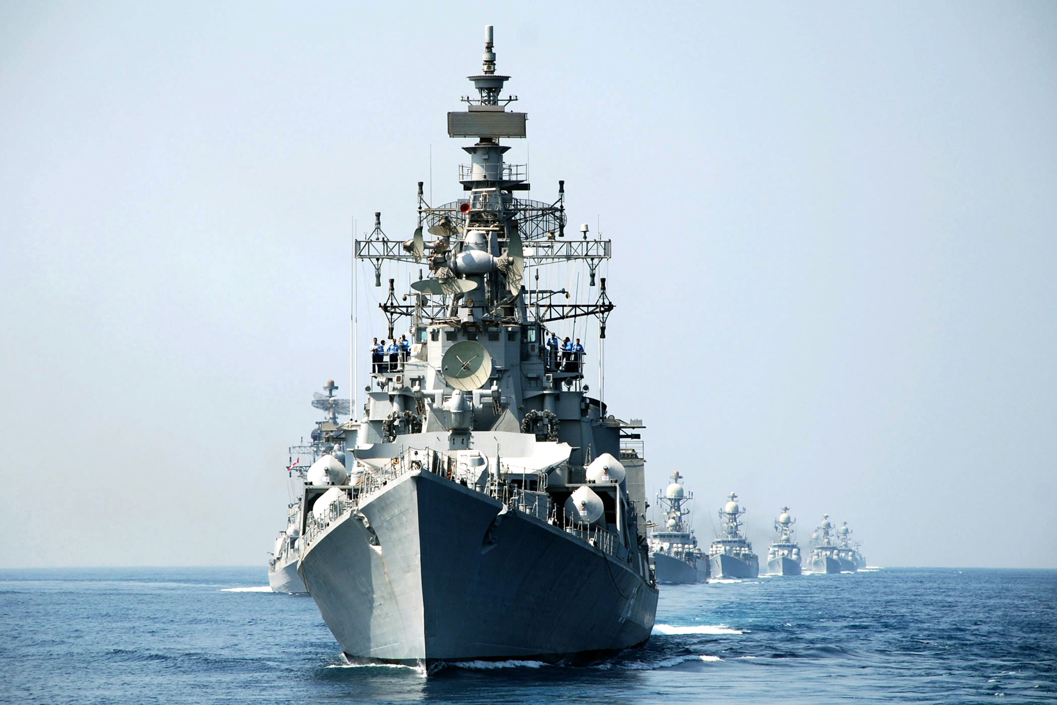 transportation, sea, Indian-Navy, nautical vessel, horizon over water, sky, freight transportation, industry, 2K, no people, warship, motion, ship, waterfront, HD Wallpaper