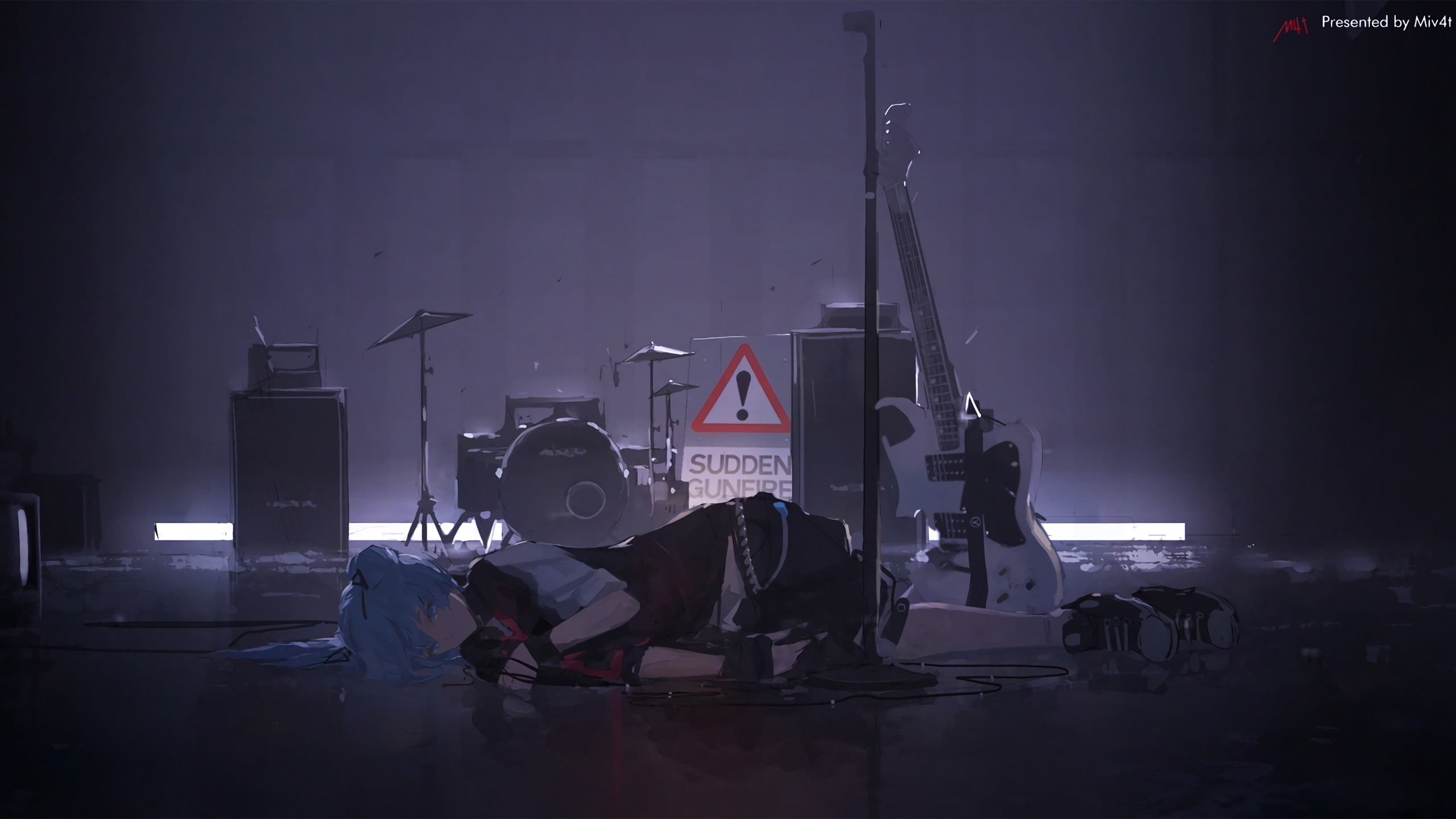 2K, set, Hatsune Miku, sitting, nature, occupation, night, architecture, anime girls, drum, fog, warning sign, black, artwork, men, people, built structure, HD Wallpaper