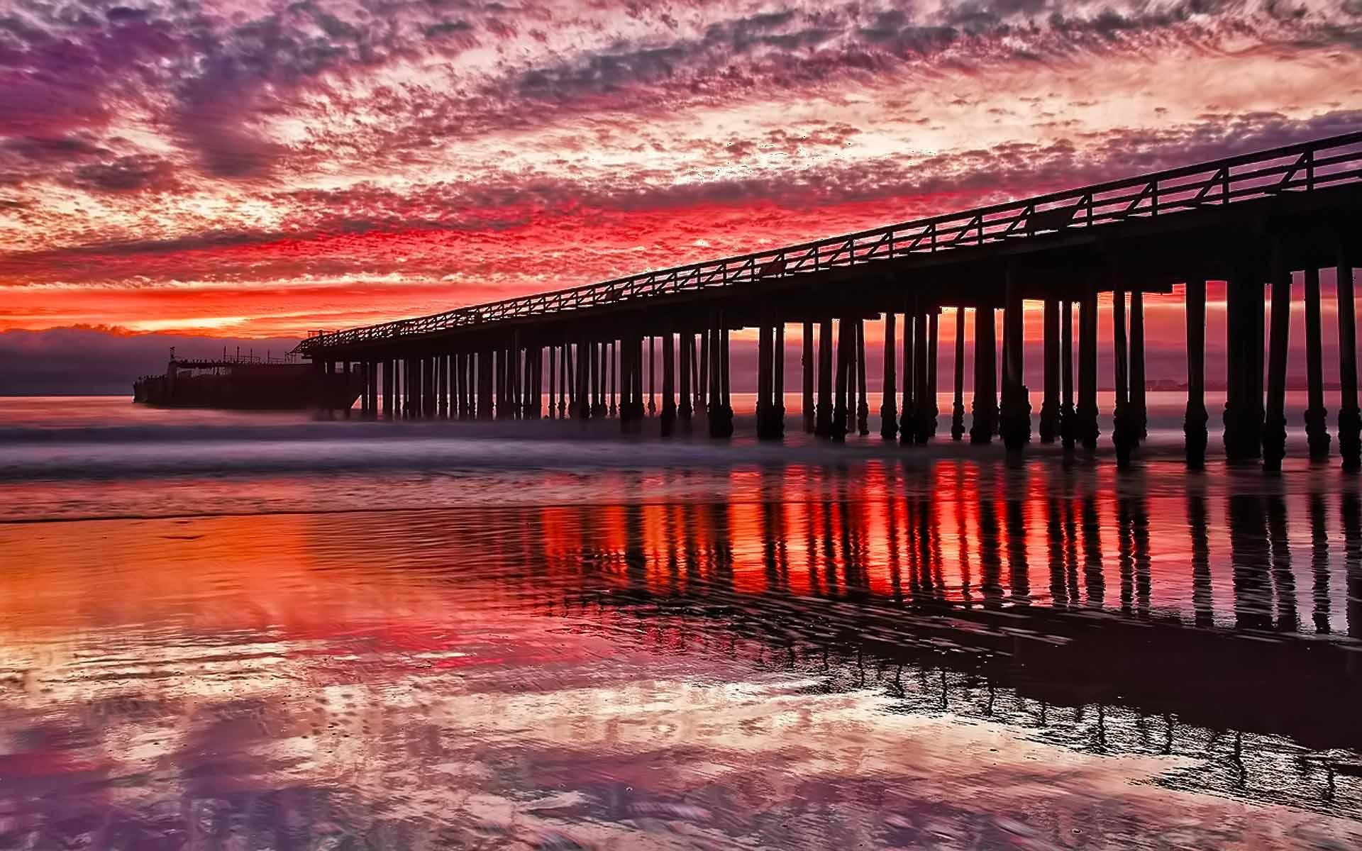 sunset, 1080P, reflection, animals, lake, unloading, bridge, reddish, boat, HD Wallpaper