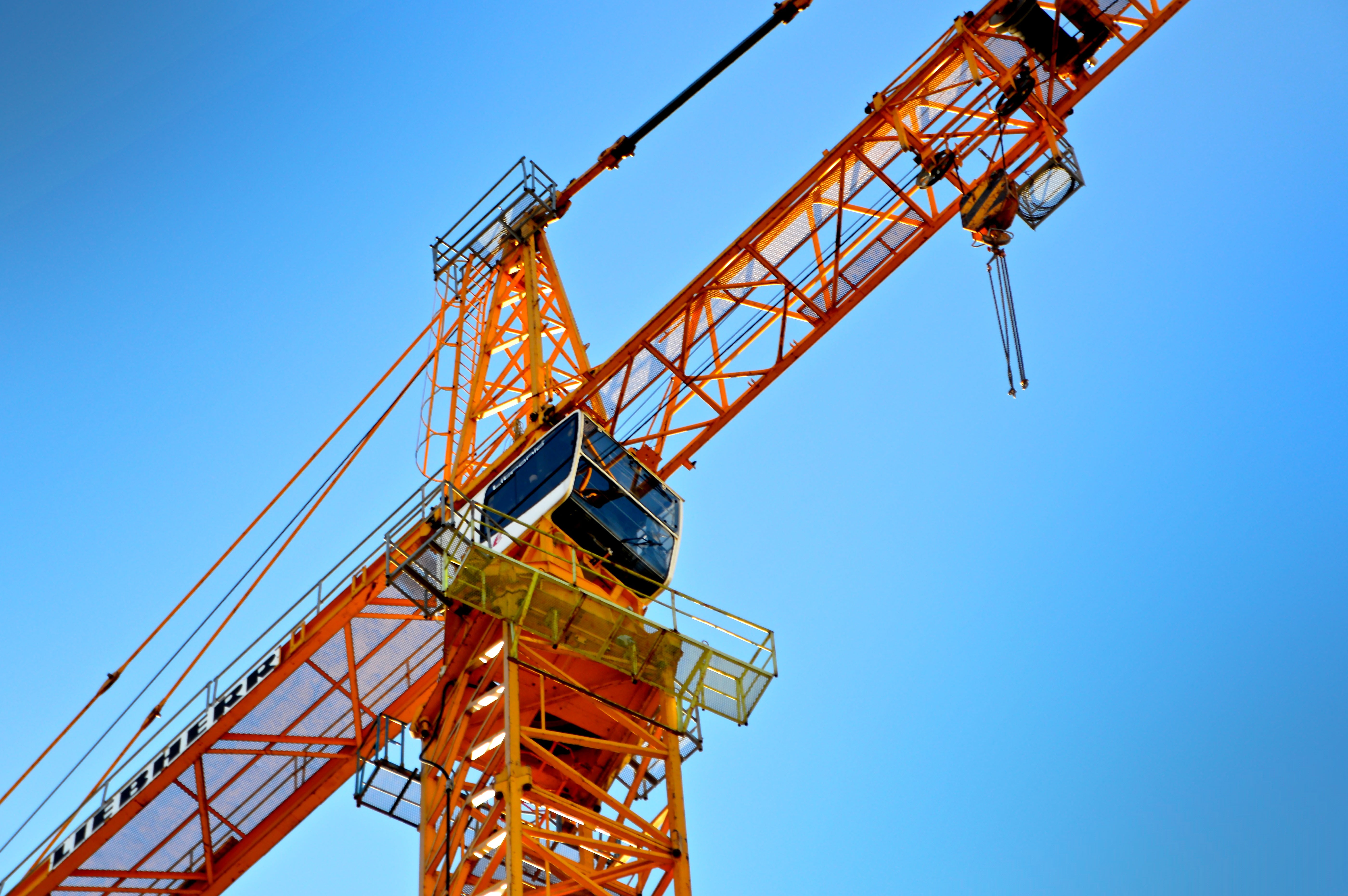 industrial equipment, freight transportation, outdoors, construction site, engineering art, industry, tower, 5K, metal, blue, crane, high baukran, crane - construction machinery, HD Wallpaper