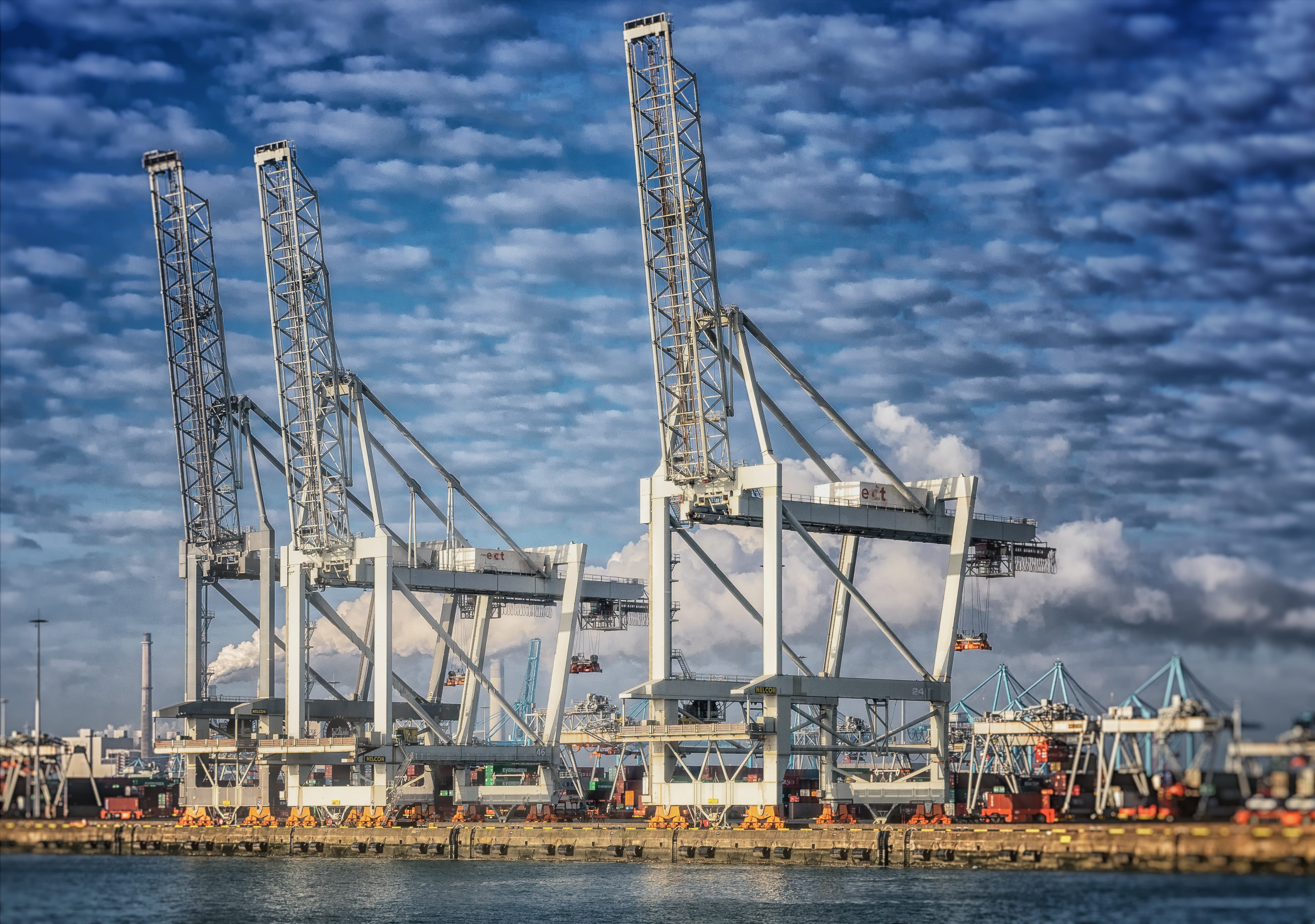 outdoors, huge, sky, port, machinery, crane, goods, Port, Crane, holland, pool, Netherlands, water, clouds, pier, harbor, nautical vessel, transportation, HD Wallpaper