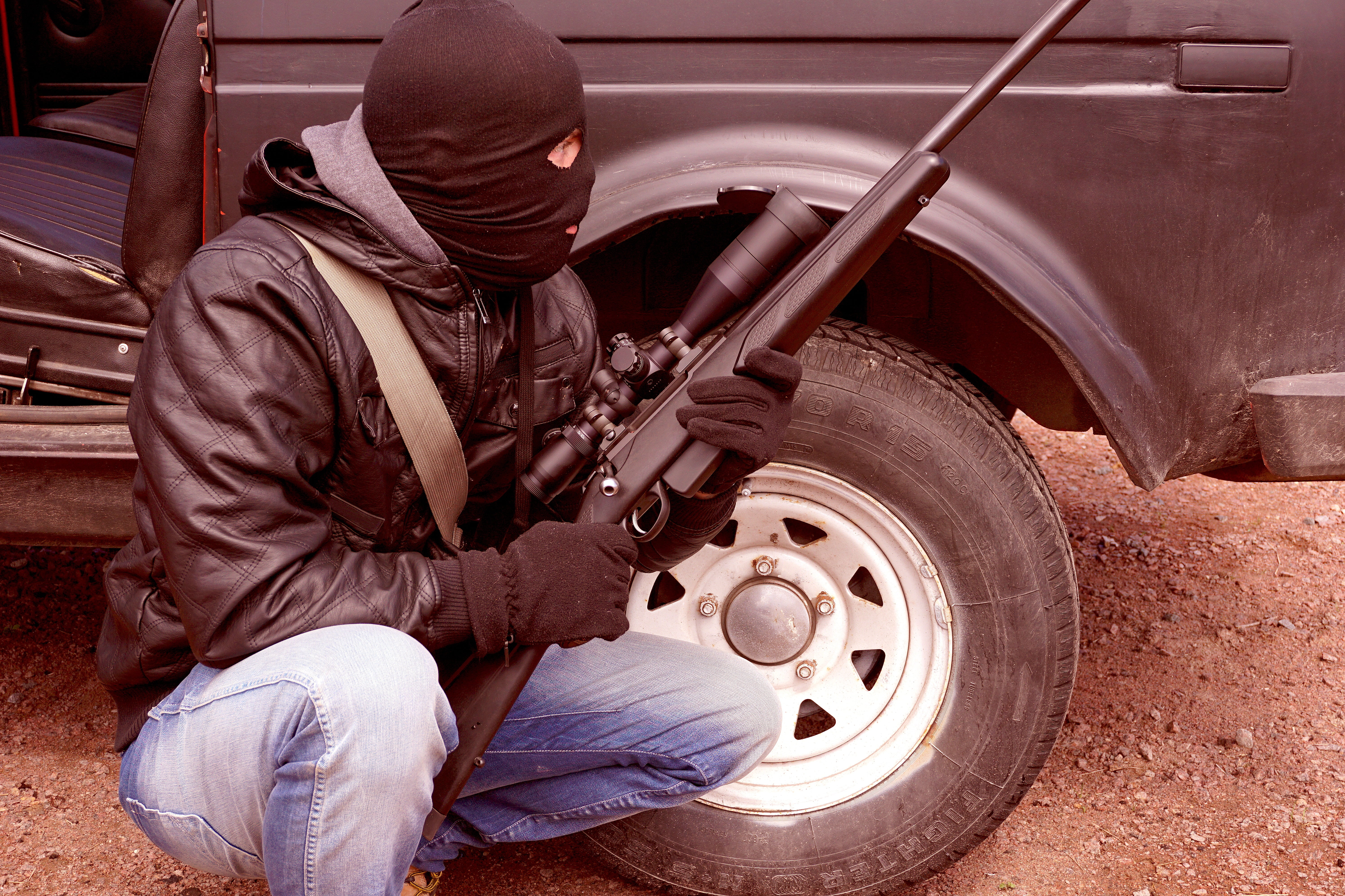 telescopic sight, mature men, adult, masquerade, car, one person, sitting, man, land vehicle, dirty, criminal, wheel, dirt, tire, occupation, 5K, mature adult, HD Wallpaper