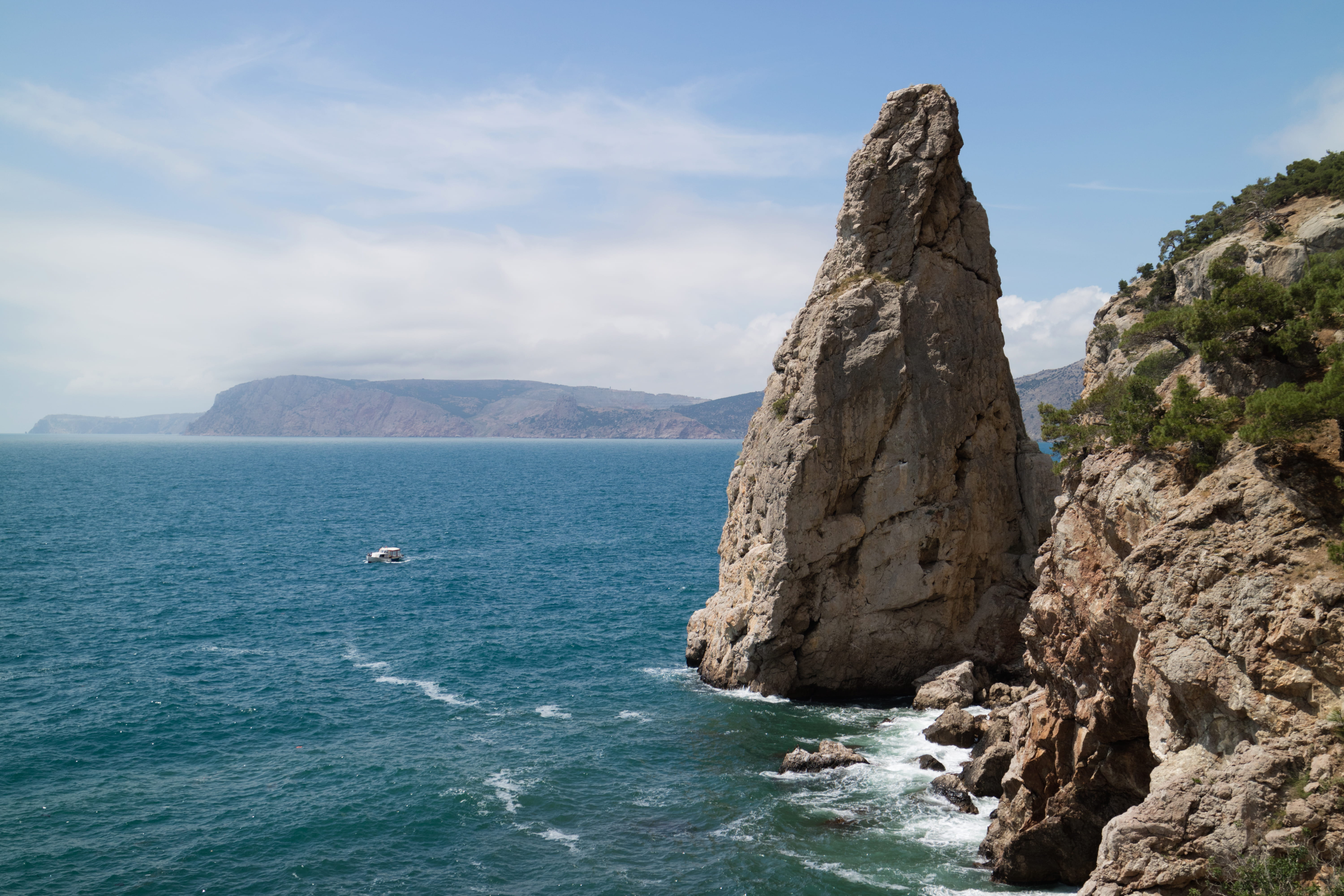 mountain, tranquility, tranquil scene, non-urban scene, island, seascape, outdoors, land, ocean, rock formation, sea, coast, crimea, day, horizon, rocky coastline, HD Wallpaper